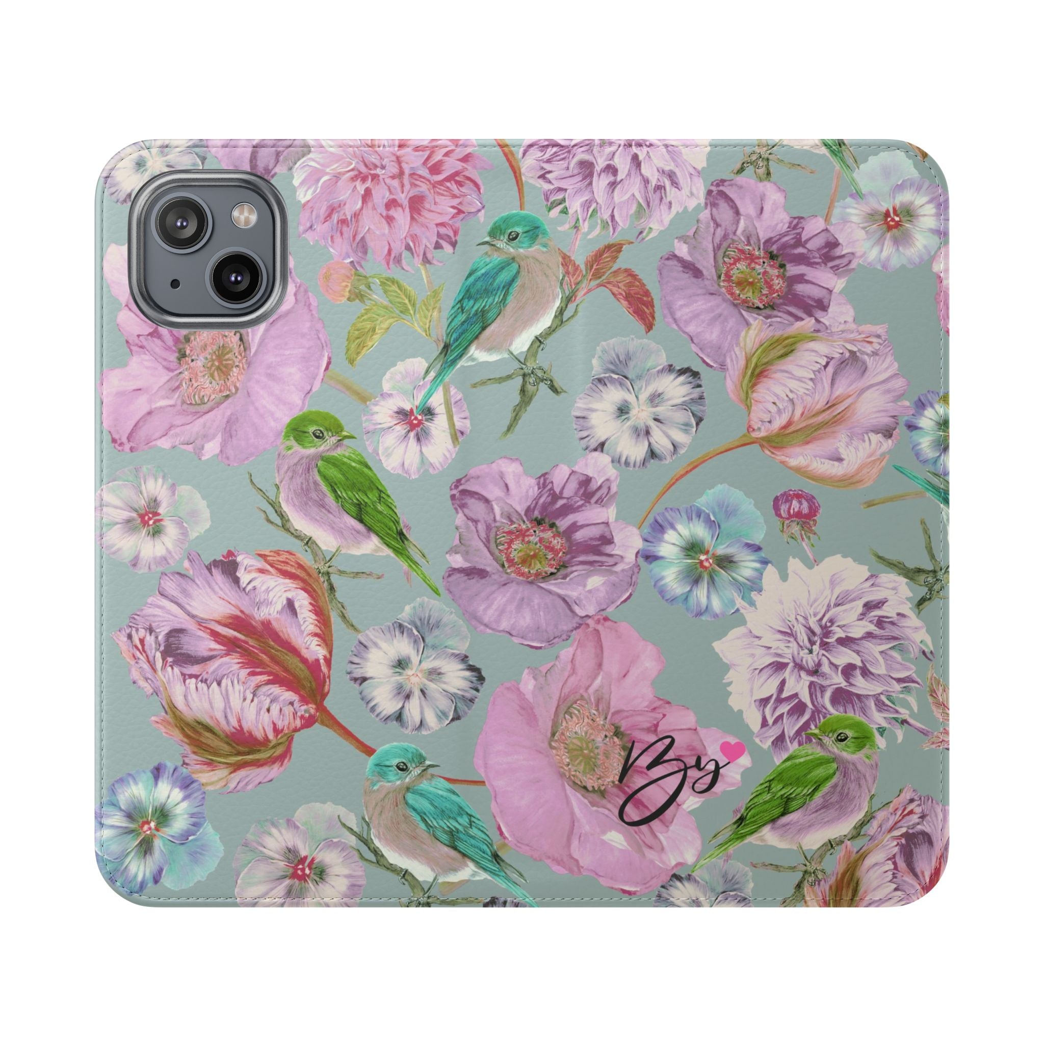 Floral Bird Flip Phone Case — Pastel Garden Wallet Cover with Card Slots