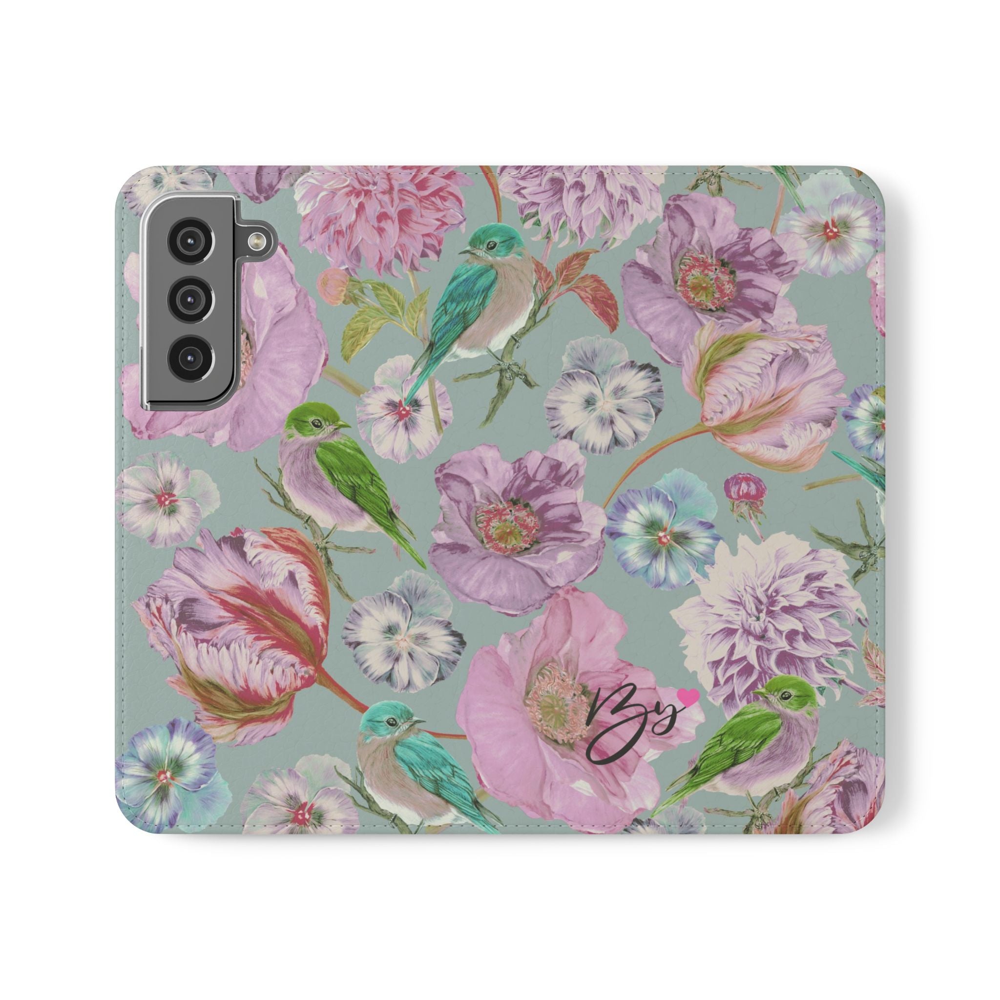 Floral Bird Flip Phone Case — Pastel Garden Wallet Cover with Card Slots