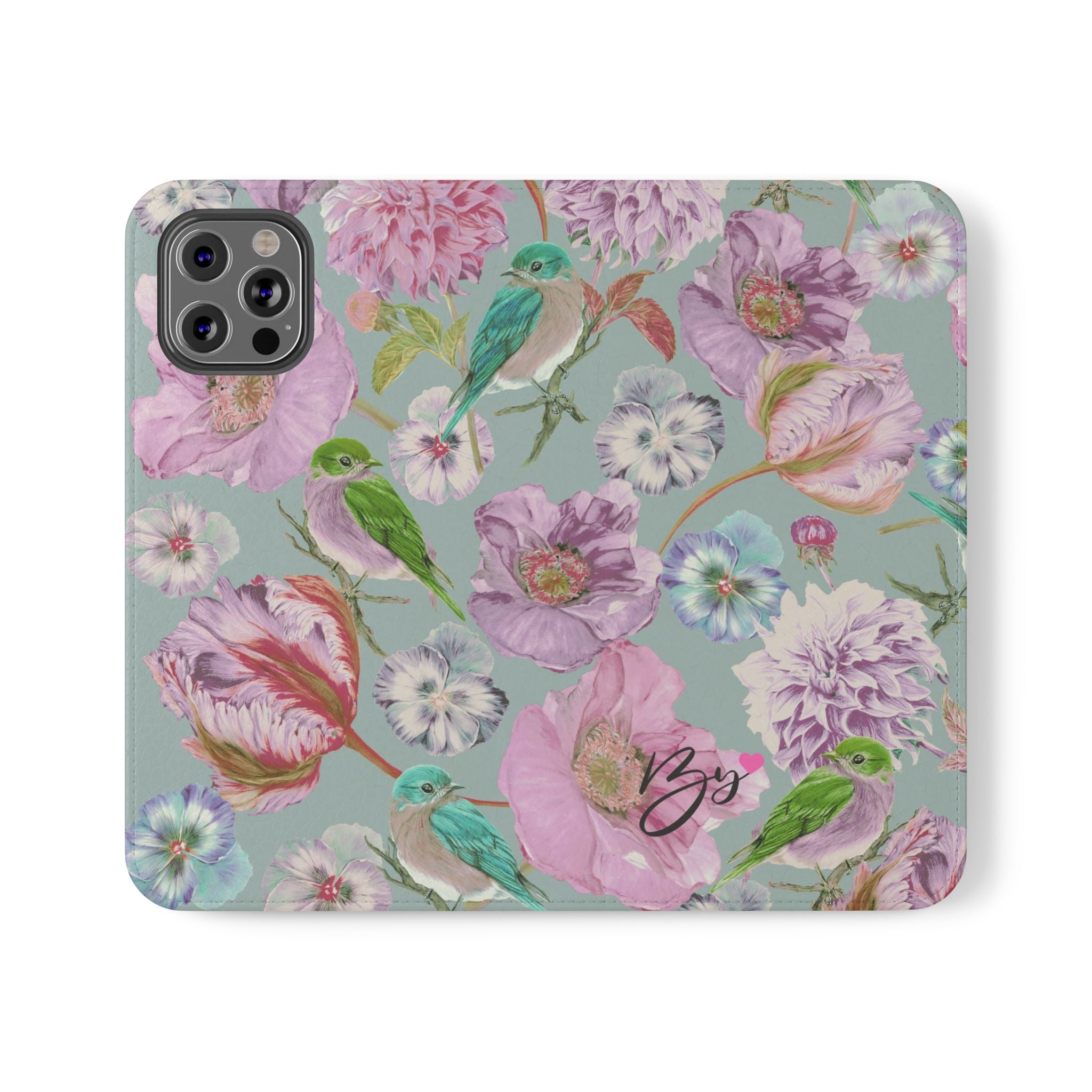 Floral Bird Flip Phone Case — Pastel Garden Wallet Cover with Card Slots