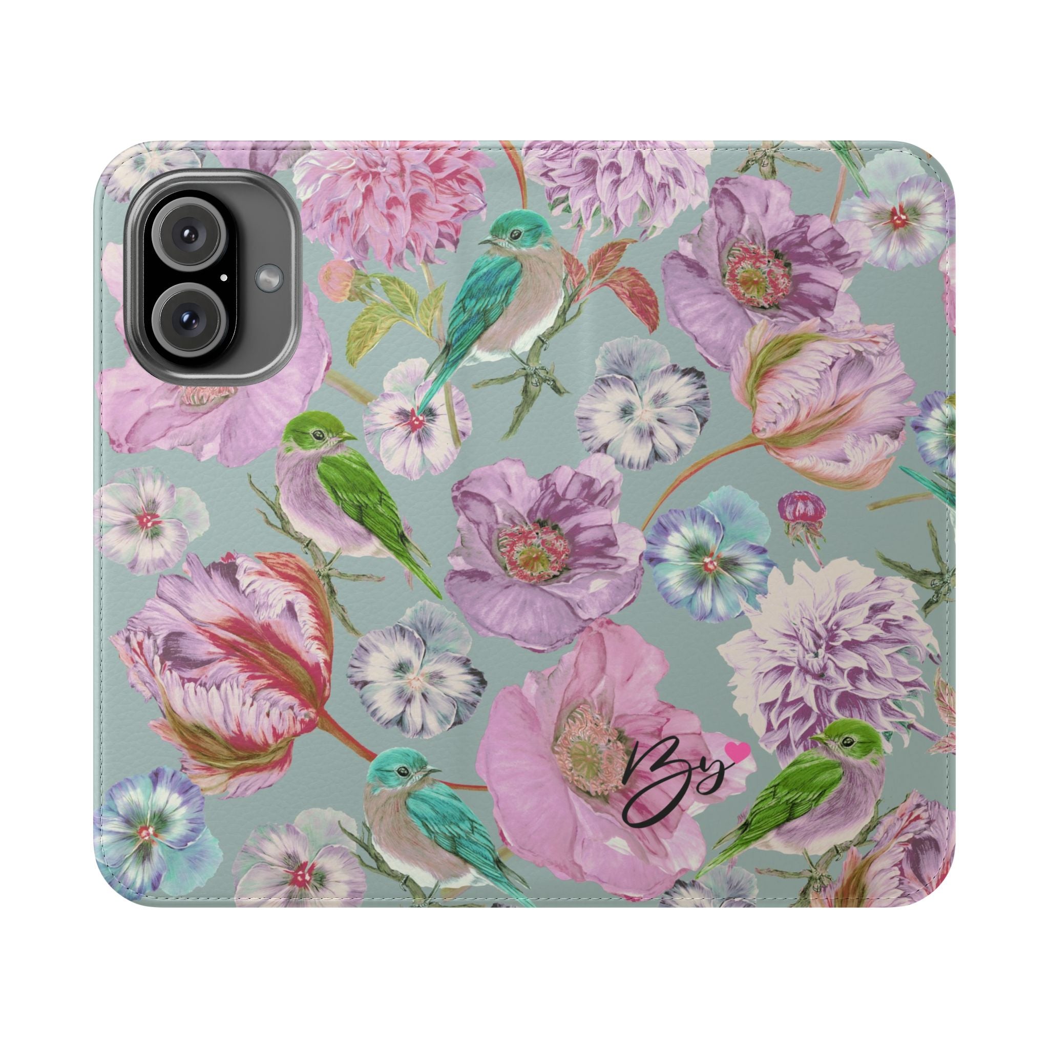 Floral Bird Flip Phone Case — Pastel Garden Wallet Cover with Card Slots