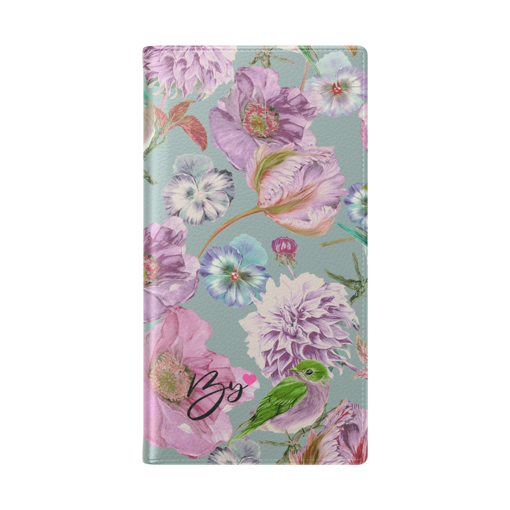 Floral Bird Flip Phone Case — Pastel Garden Wallet Cover with Card Slots