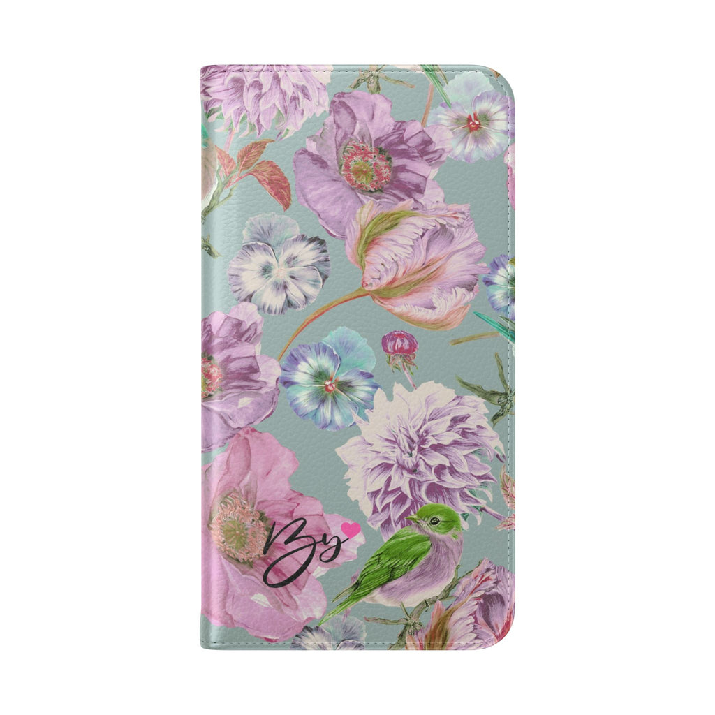 Floral Bird Flip Phone Case — Pastel Garden Wallet Cover with Card Slots