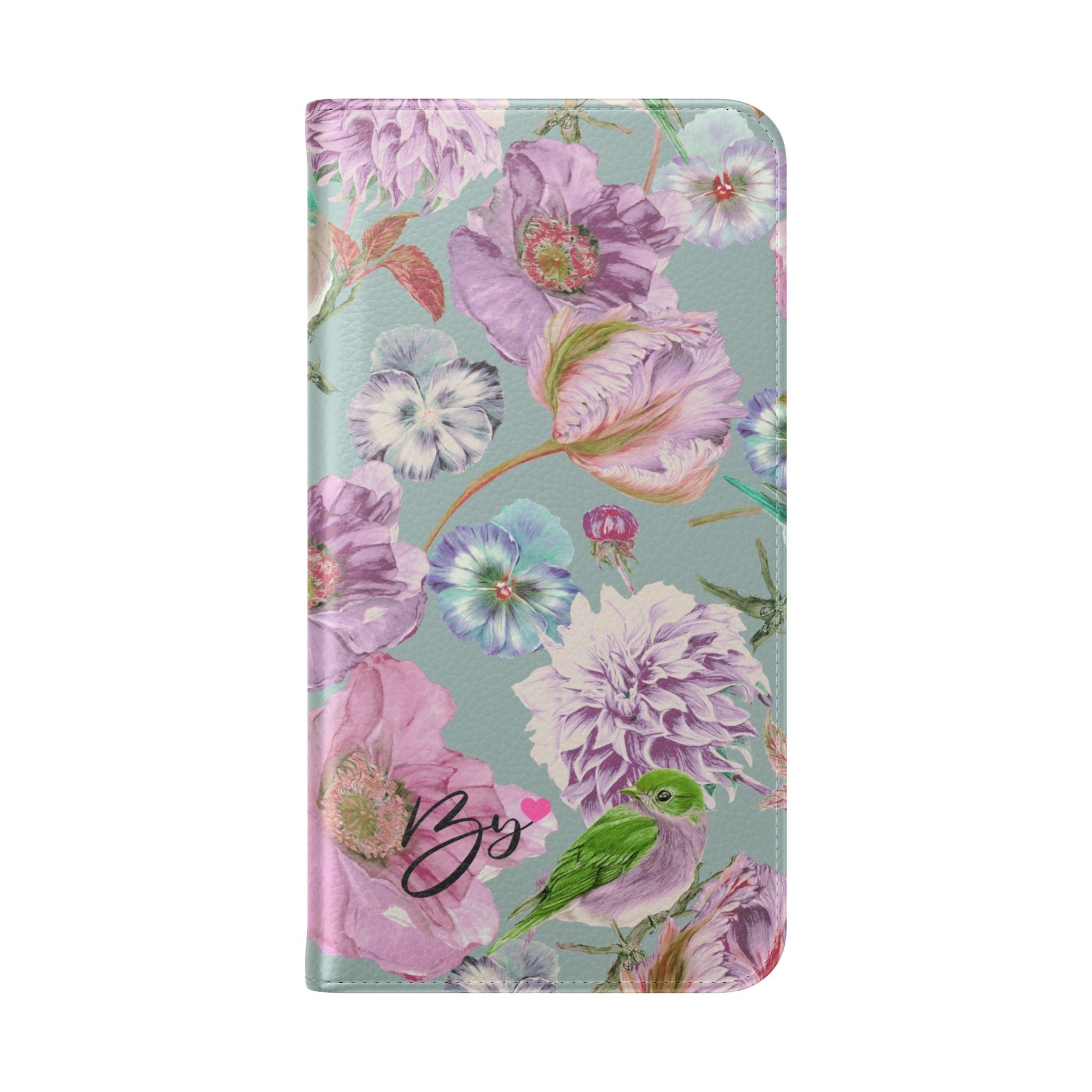 Floral Bird Flip Phone Case — Pastel Garden Wallet Cover with Card Slots