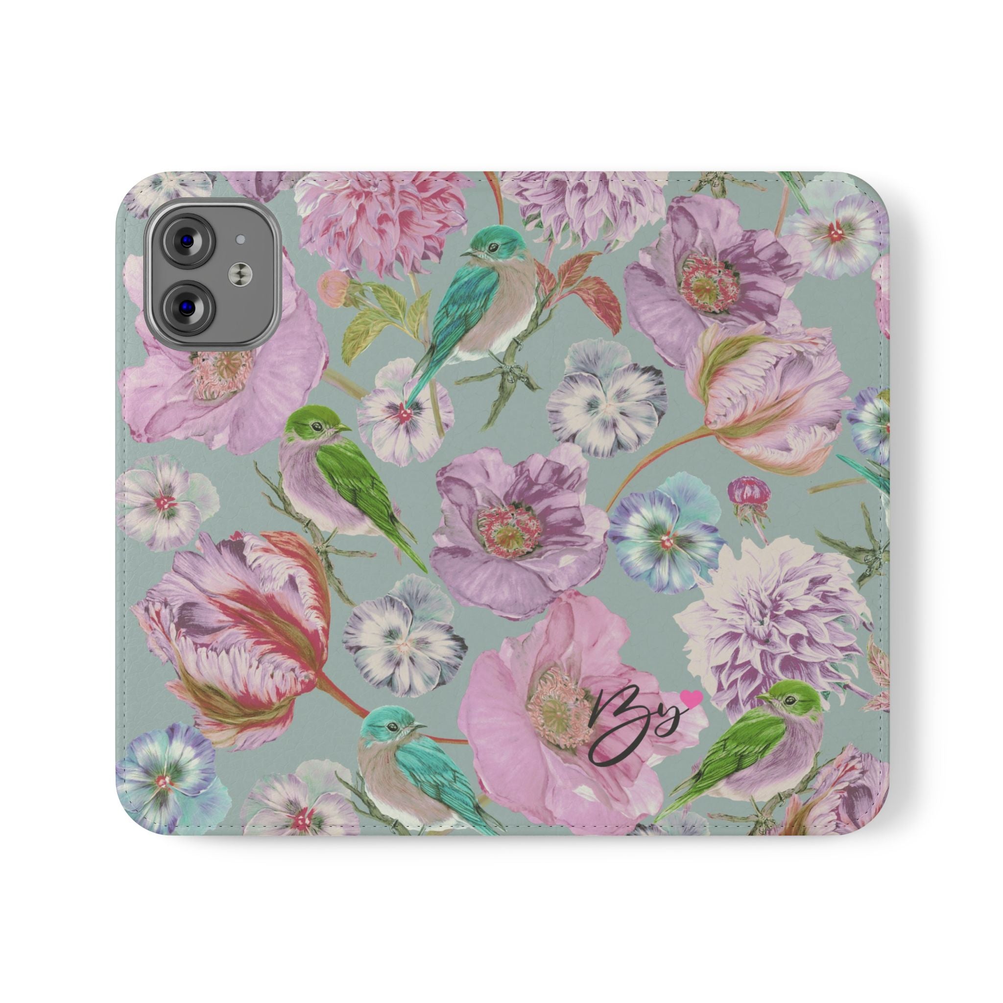 Floral Bird Flip Phone Case — Pastel Garden Wallet Cover with Card Slots