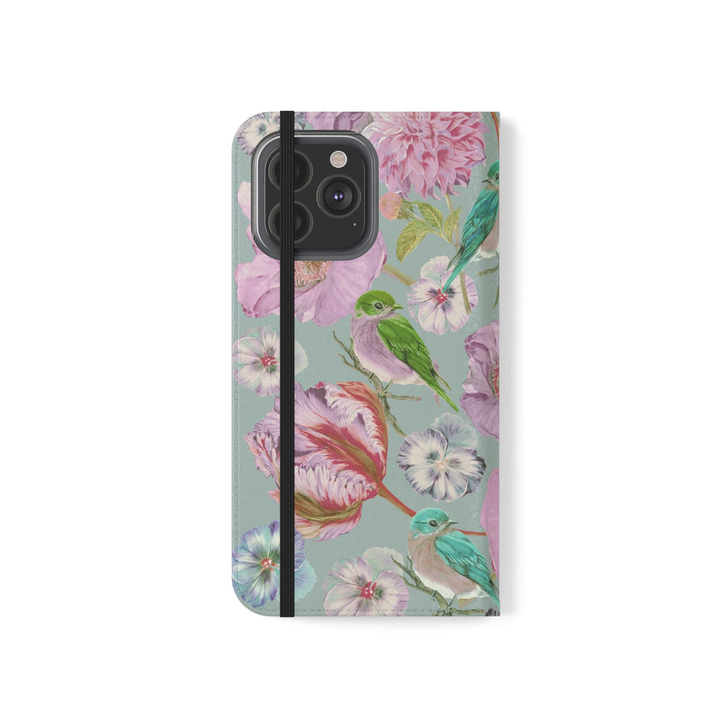 Floral Bird Flip Phone Case — Pastel Garden Wallet Cover with Card Slots