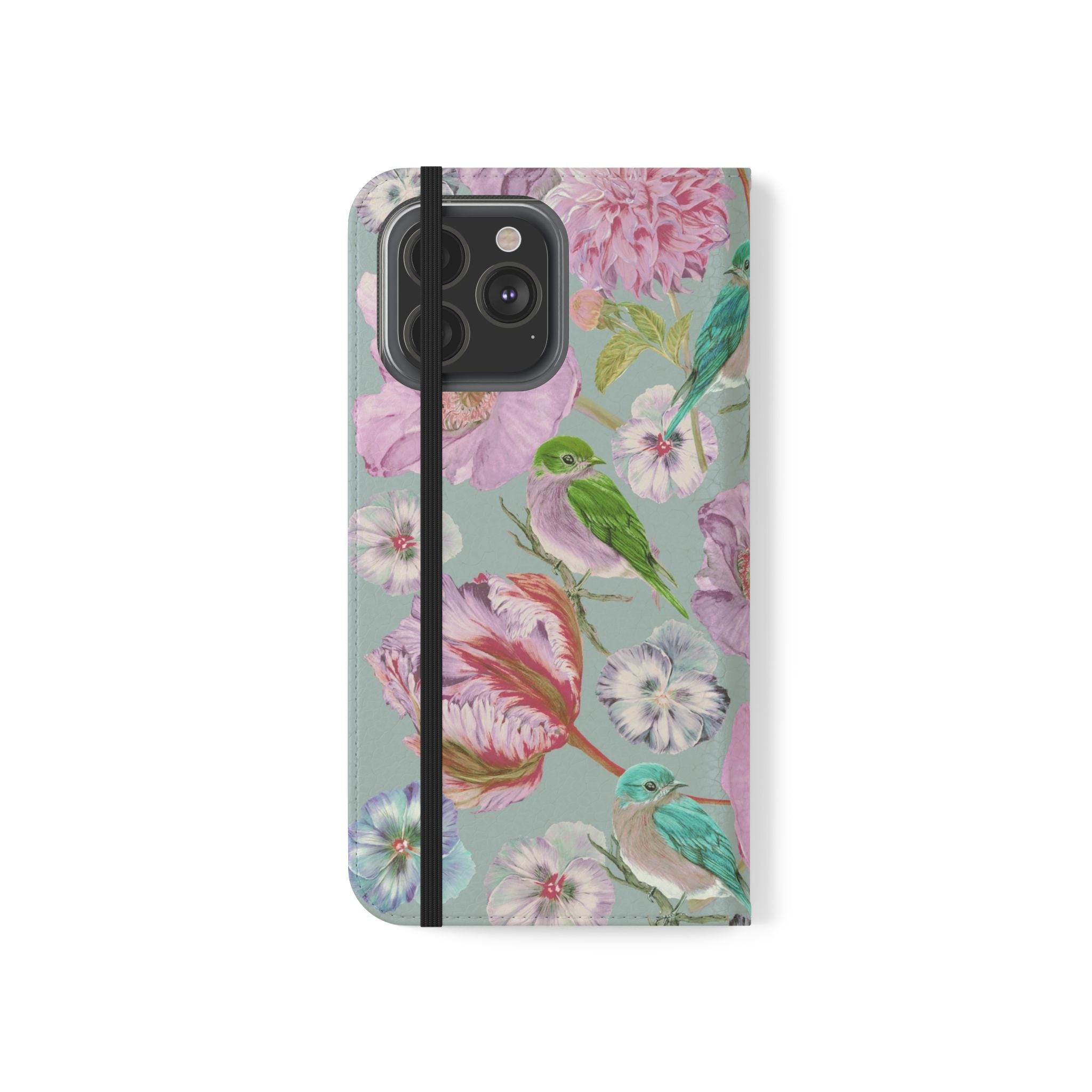 Floral Bird Flip Phone Case — Pastel Garden Wallet Cover with Card Slots