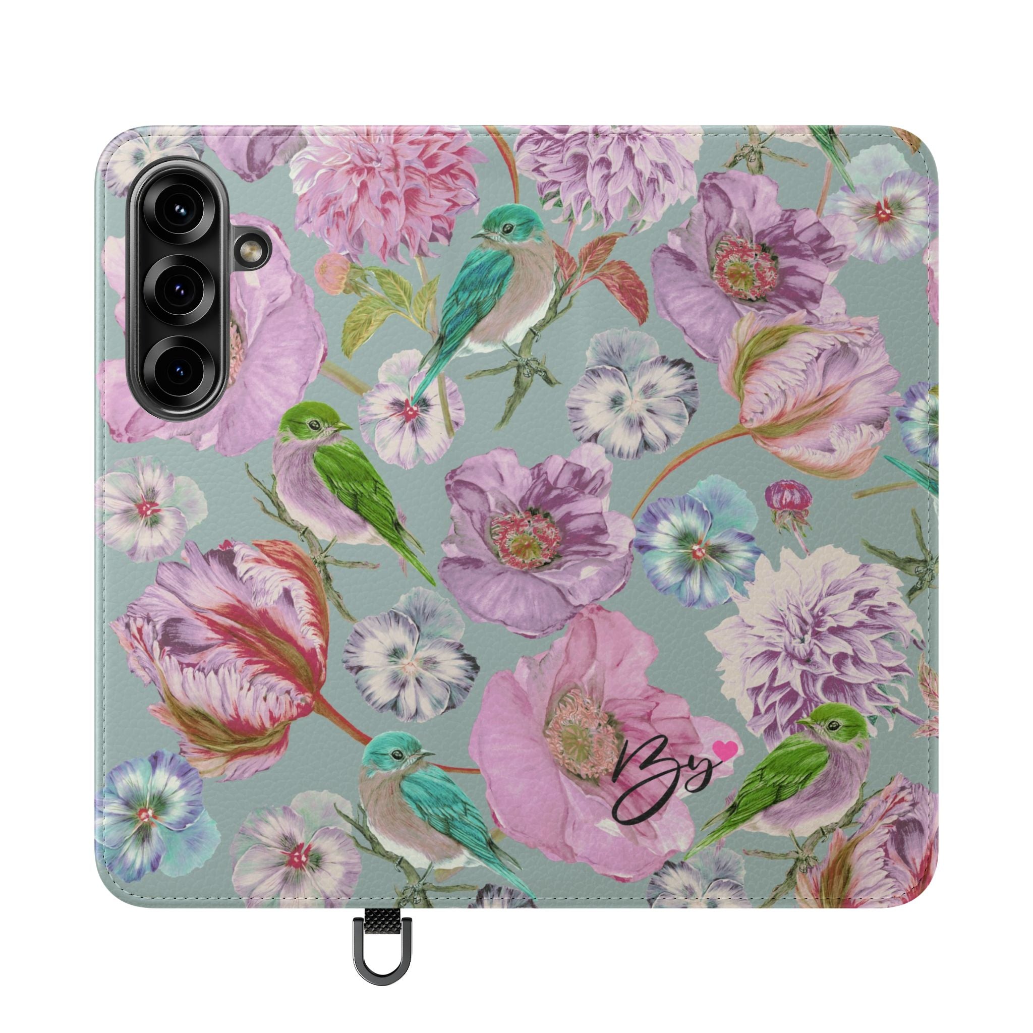 Floral Bird Flip Phone Case — Pastel Garden Wallet Cover with Card Slots