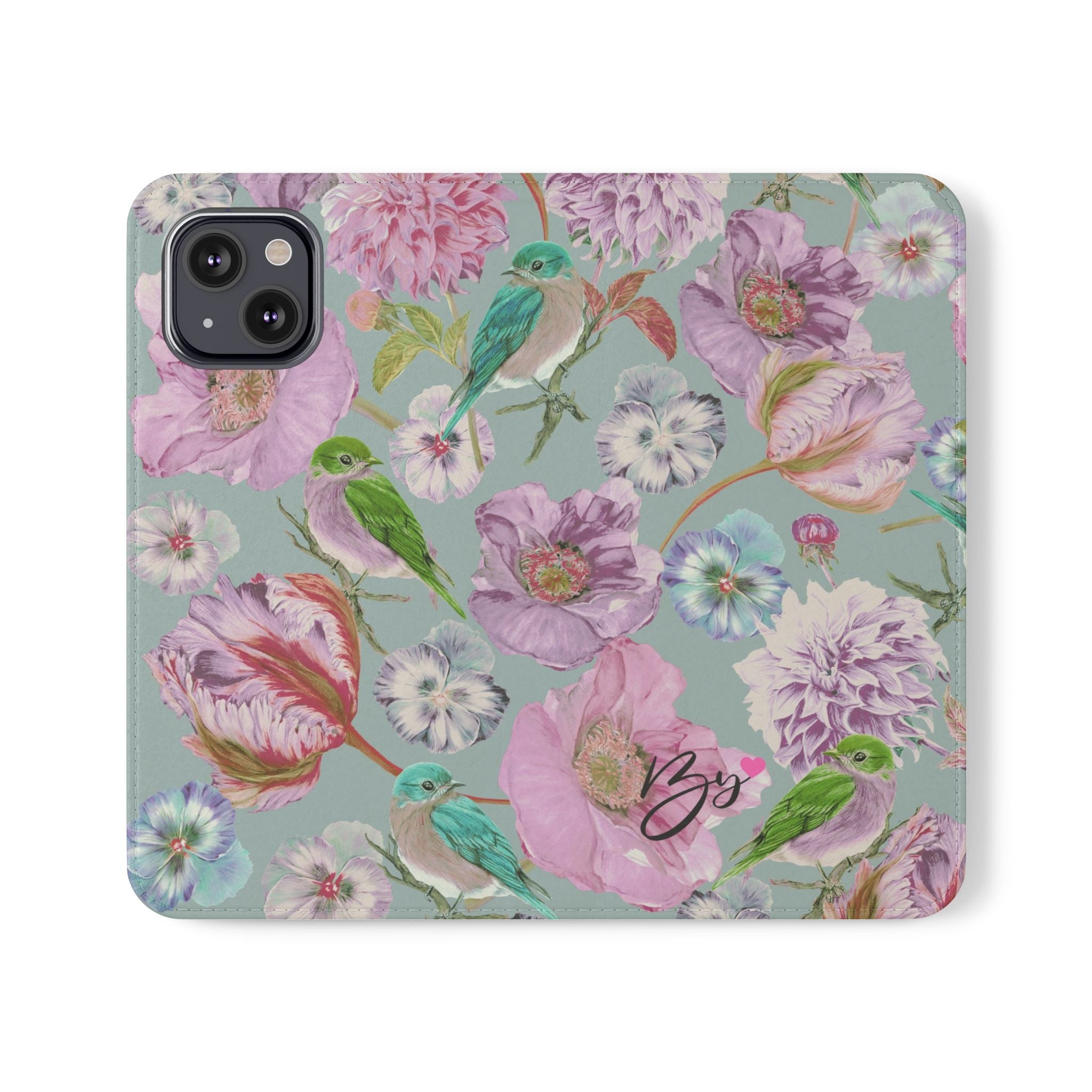 Floral Bird Flip Phone Case — Pastel Garden Wallet Cover with Card Slots