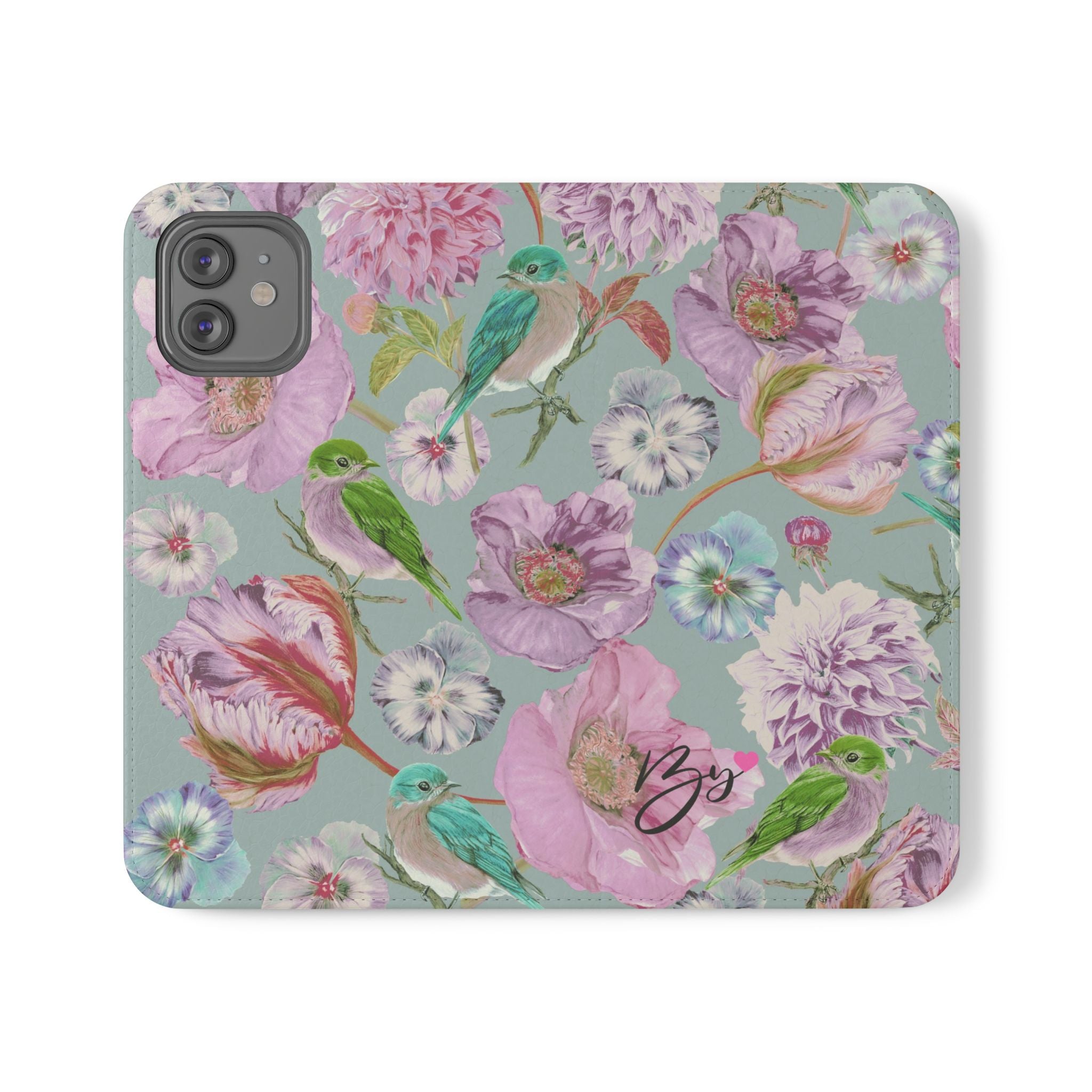 Floral Bird Flip Phone Case — Pastel Garden Wallet Cover with Card Slots