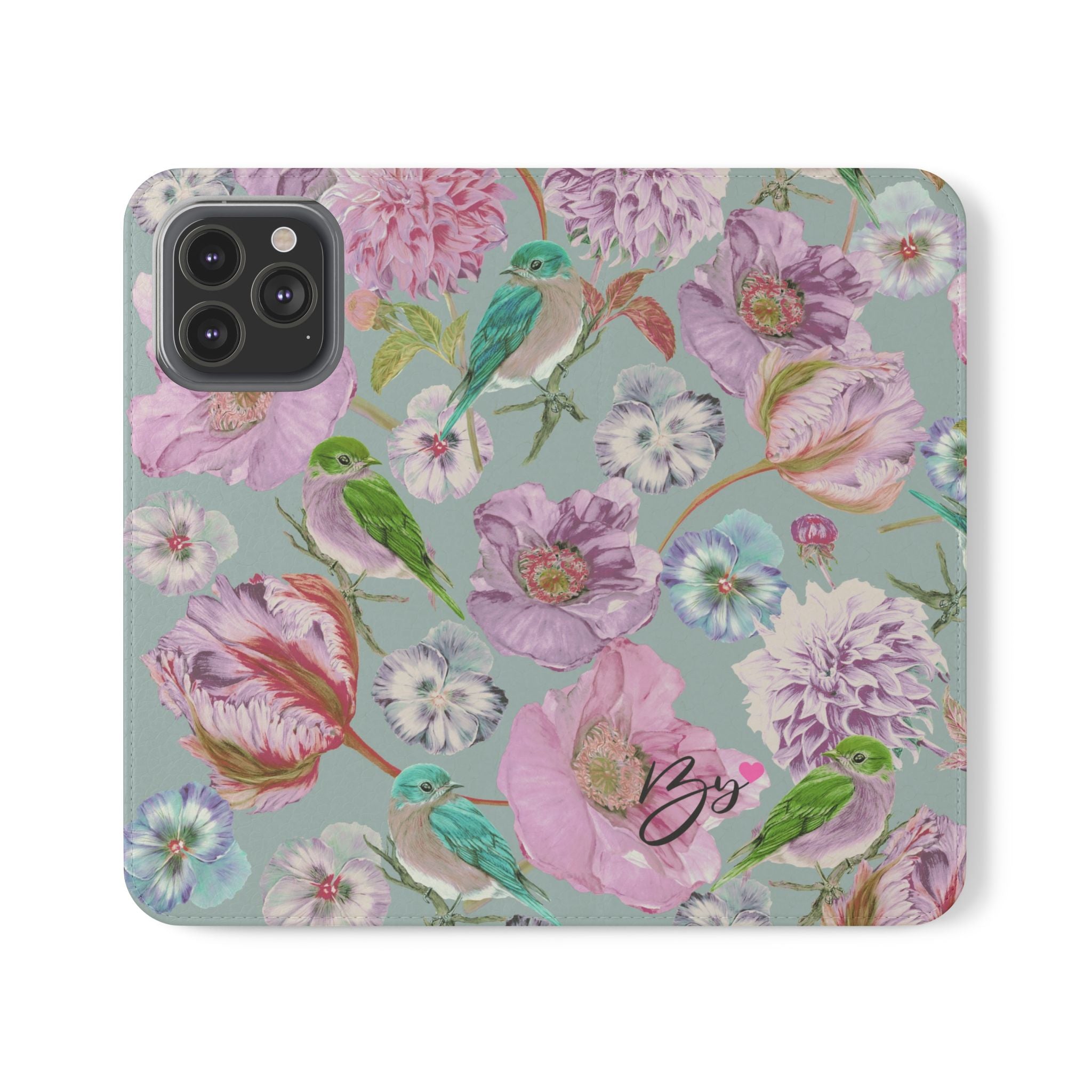 Floral Bird Flip Phone Case — Pastel Garden Wallet Cover with Card Slots