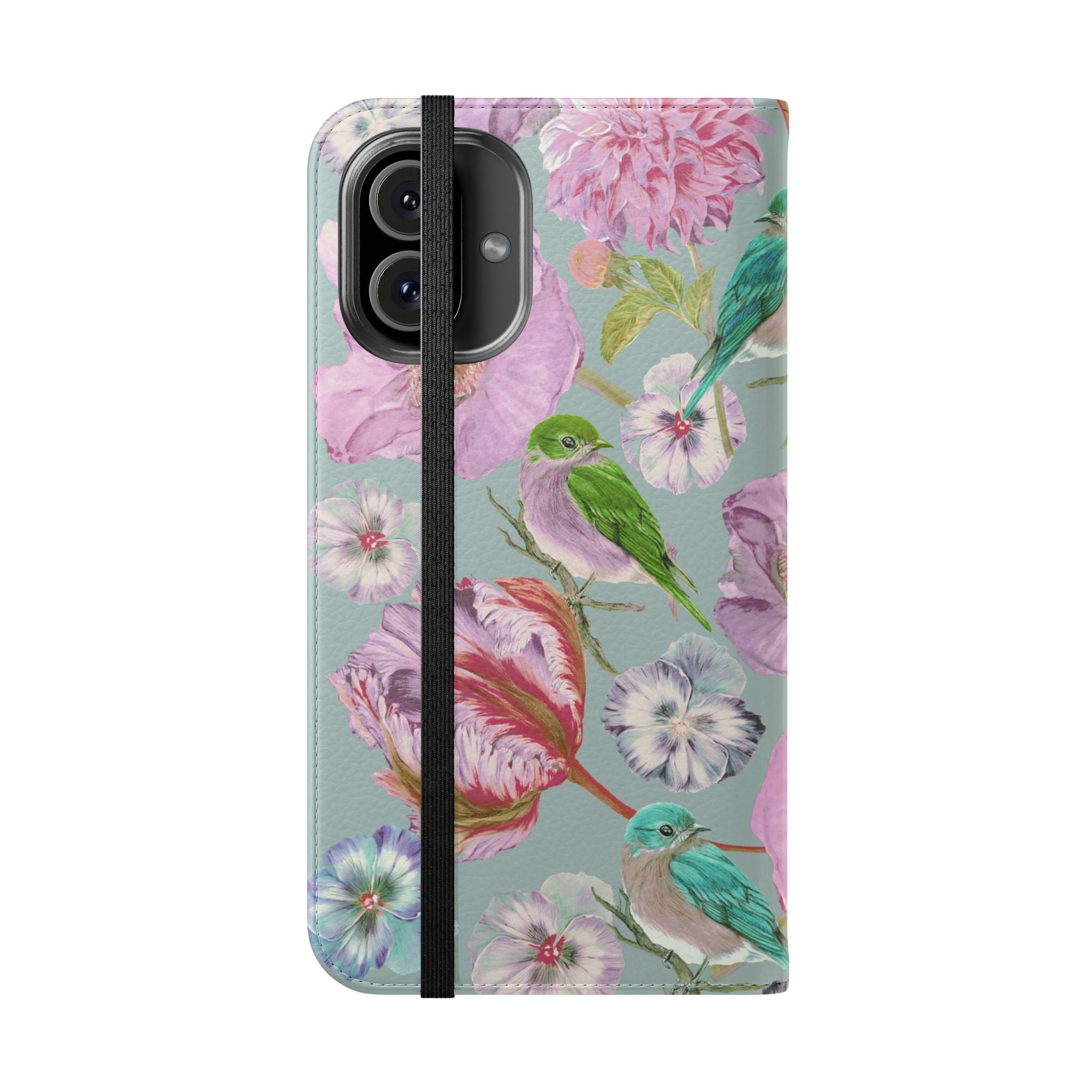 Floral Bird Flip Phone Case — Pastel Garden Wallet Cover with Card Slots