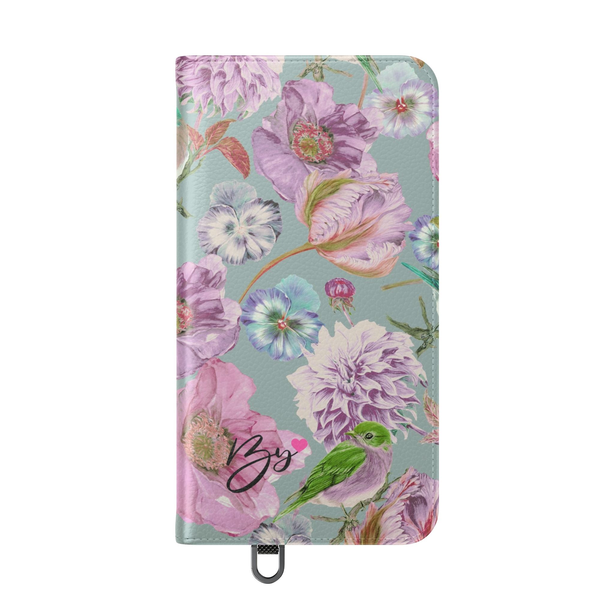 Floral Bird Flip Phone Case — Pastel Garden Wallet Cover with Card Slots