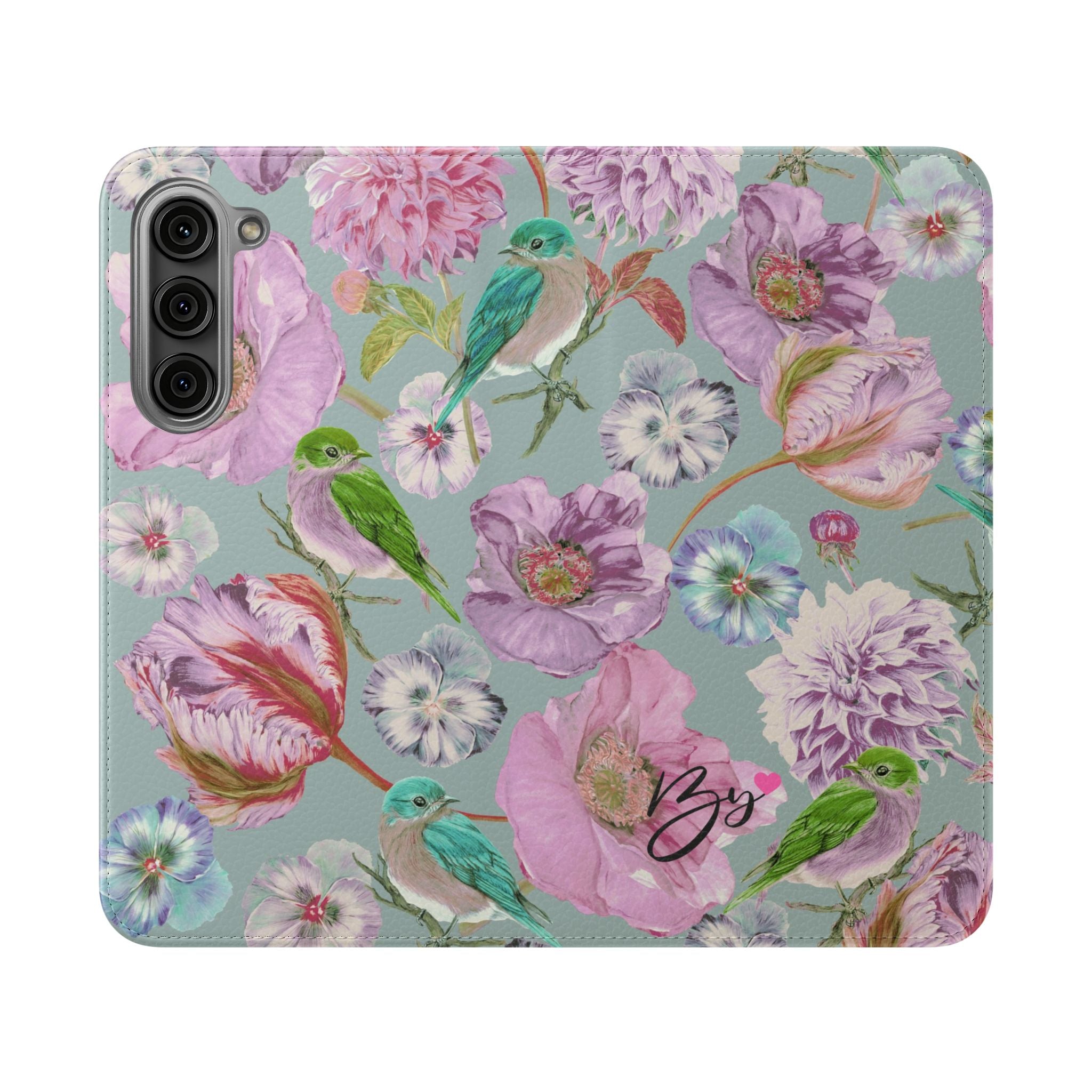 Floral Bird Flip Phone Case — Pastel Garden Wallet Cover with Card Slots