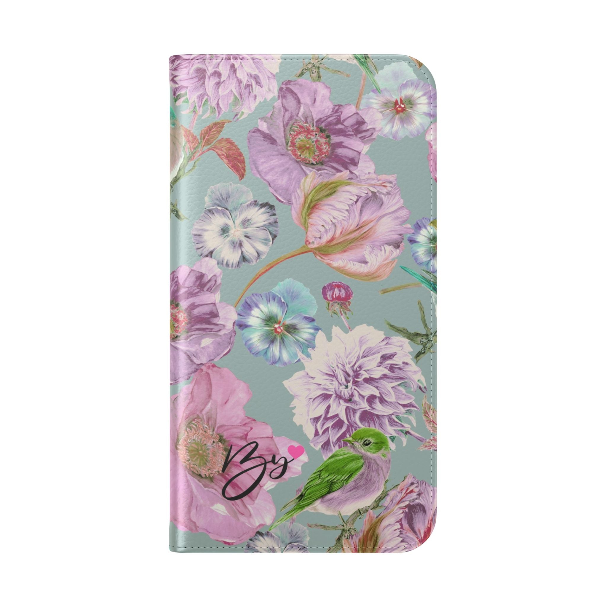 Floral Bird Flip Phone Case — Pastel Garden Wallet Cover with Card Slots