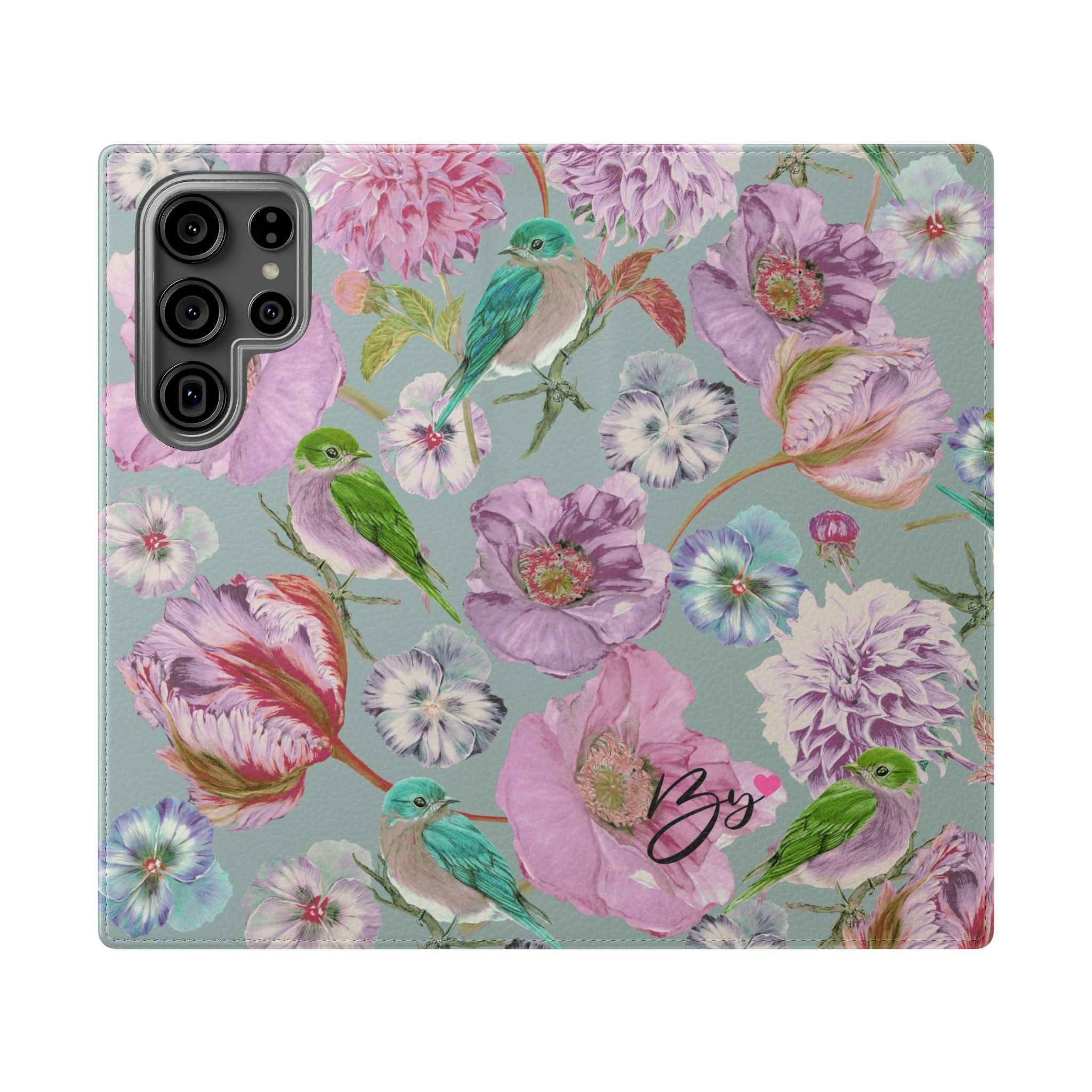 Floral Bird Flip Phone Case — Pastel Garden Wallet Cover with Card Slots