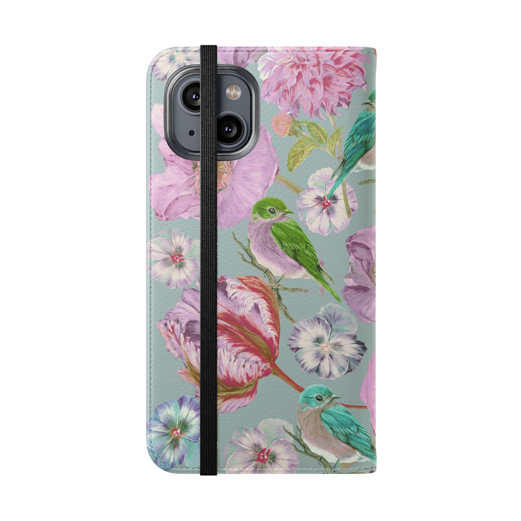 Floral Bird Flip Phone Case — Pastel Garden Wallet Cover with Card Slots