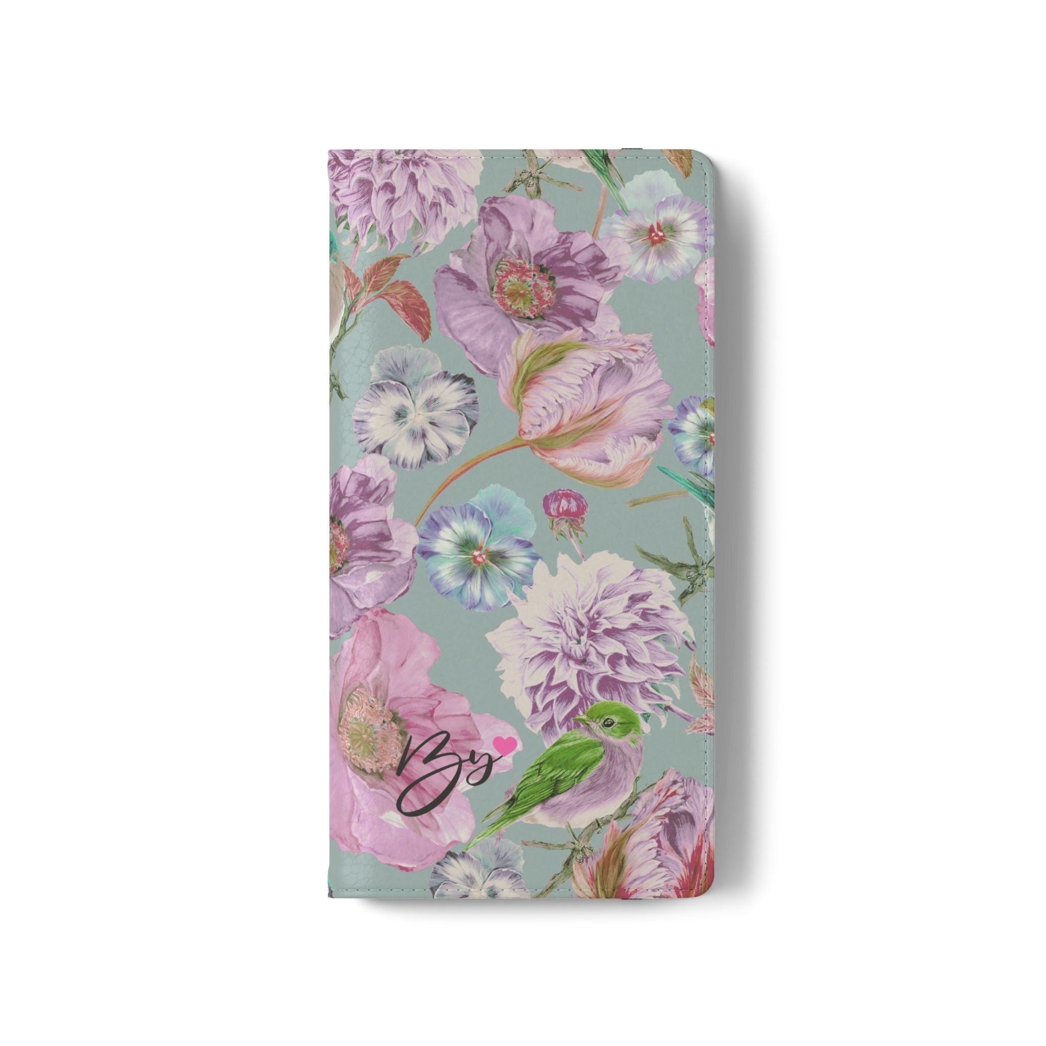 Floral Bird Flip Phone Case — Pastel Garden Wallet Cover with Card Slots