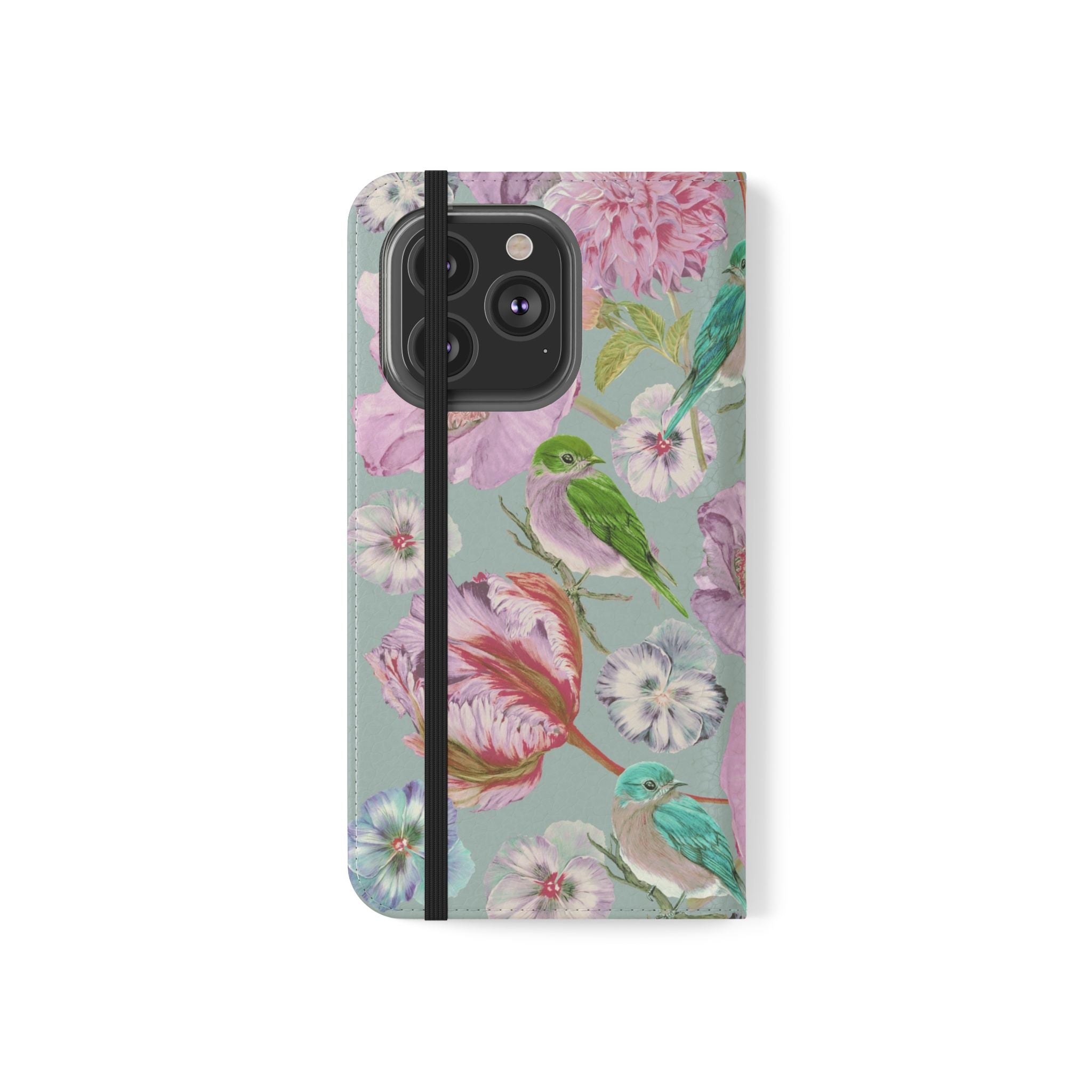 Floral Bird Flip Phone Case — Pastel Garden Wallet Cover with Card Slots