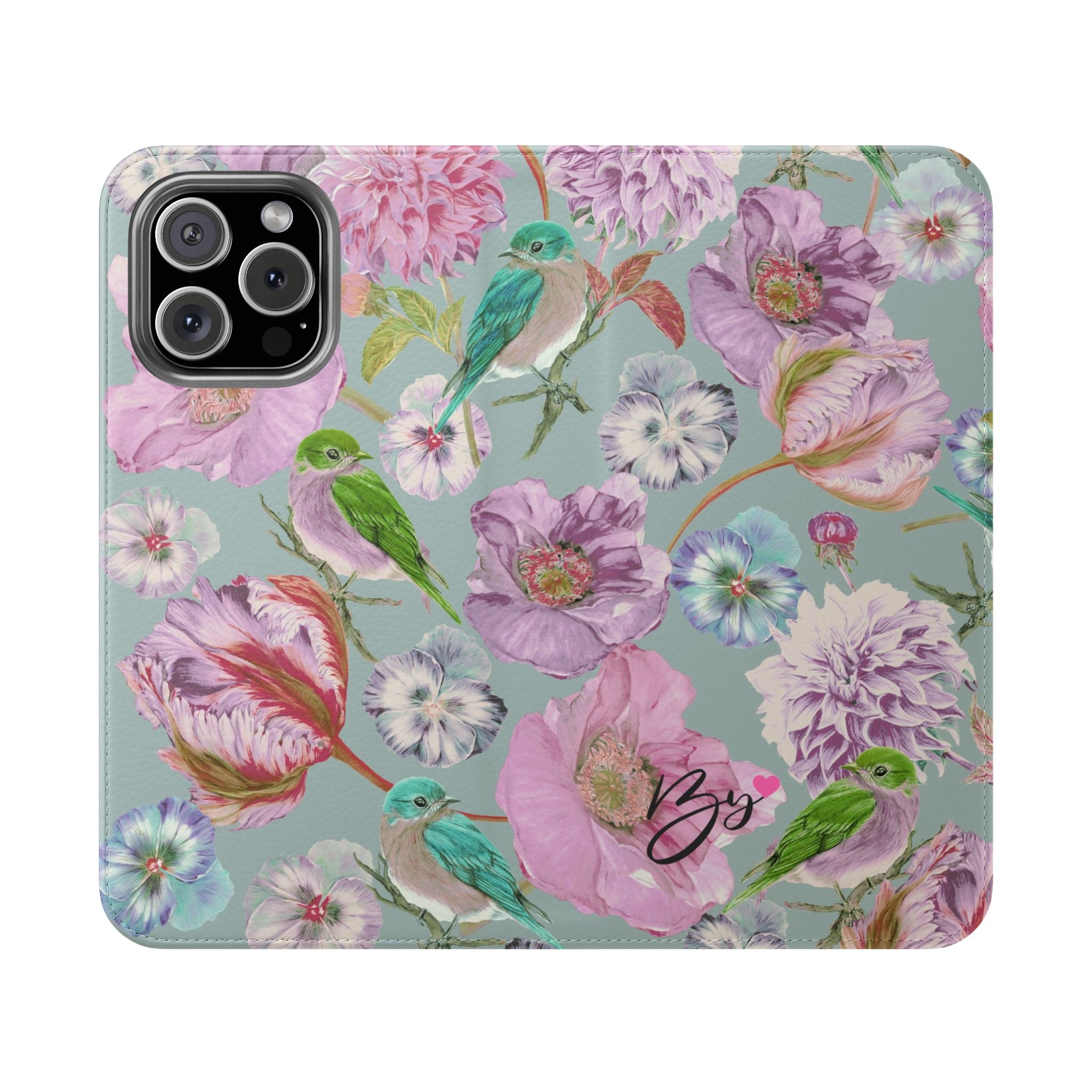 Floral Bird Flip Phone Case — Pastel Garden Wallet Cover with Card Slots