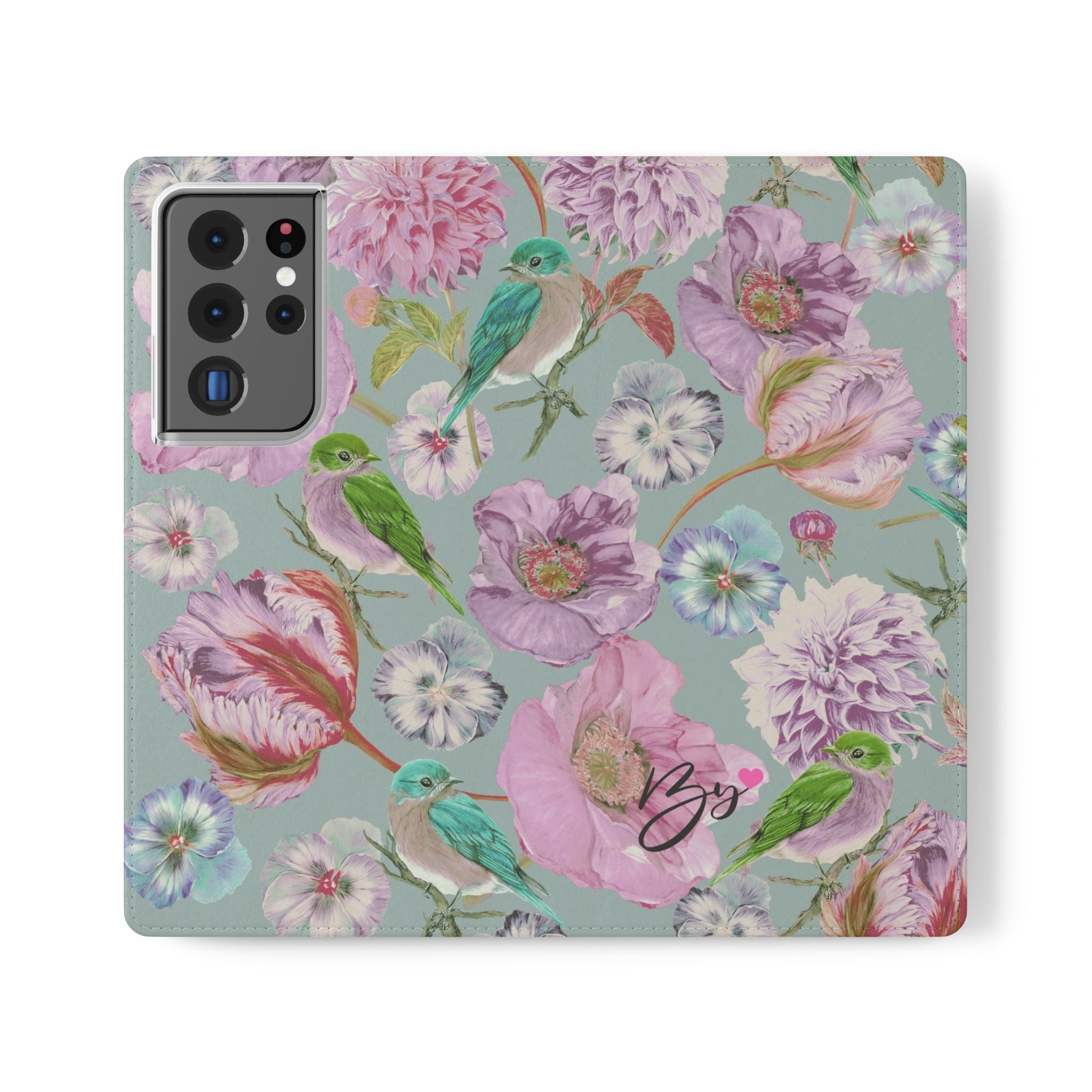 Floral Bird Flip Phone Case — Pastel Garden Wallet Cover with Card Slots