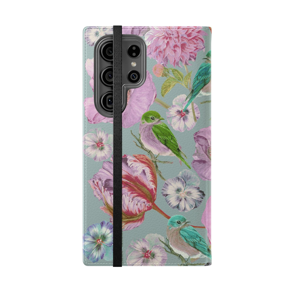Floral Bird Flip Phone Case — Pastel Garden Wallet Cover with Card Slots