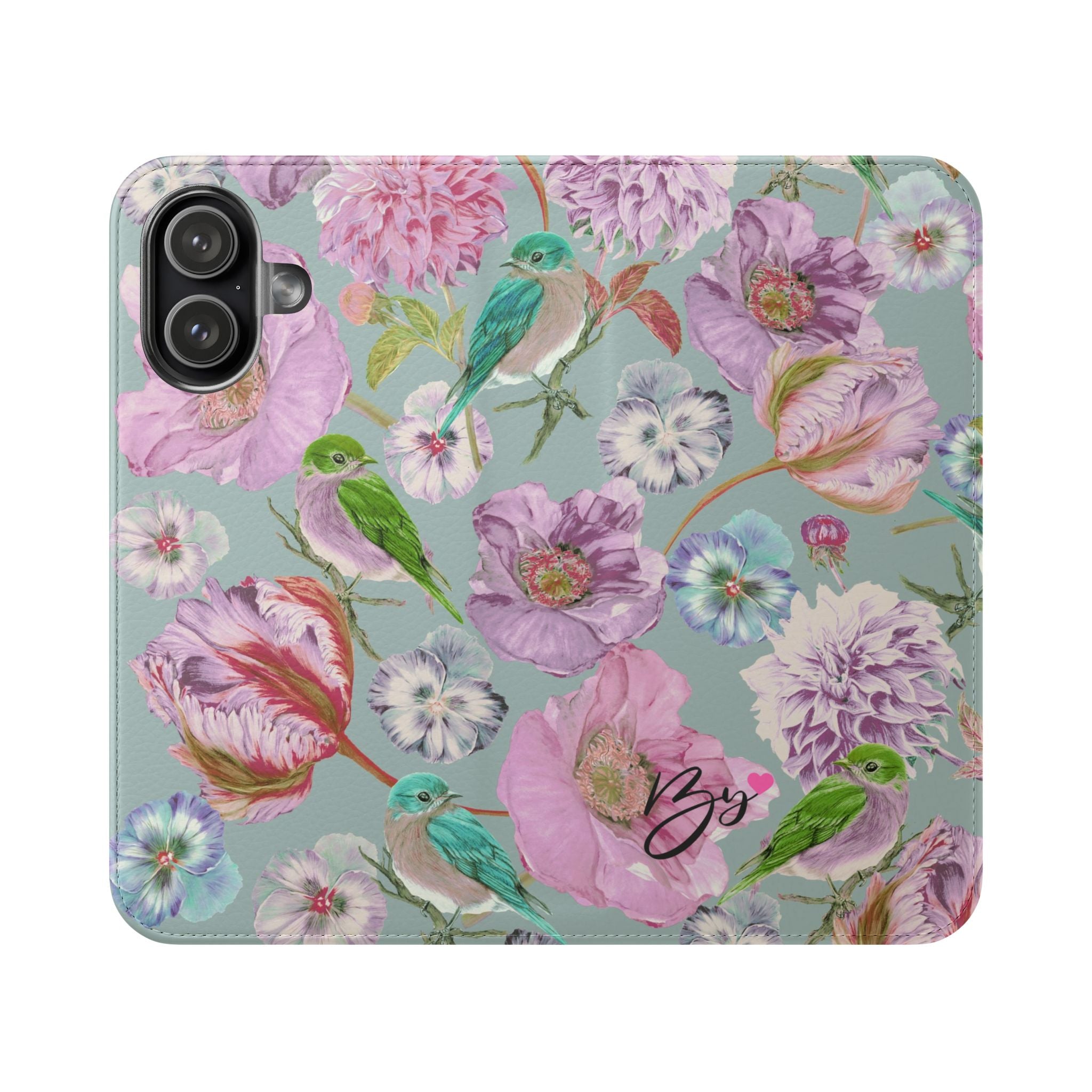 Floral Bird Flip Phone Case — Pastel Garden Wallet Cover with Card Slots
