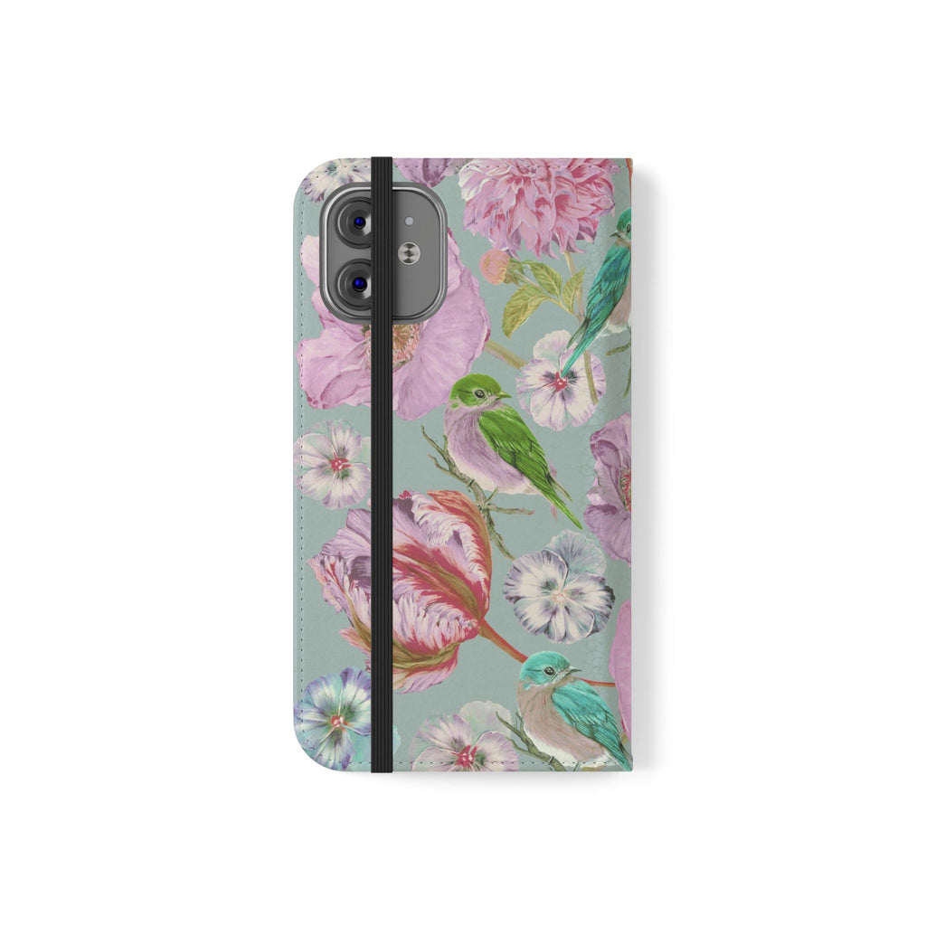 Floral Bird Flip Phone Case — Pastel Garden Wallet Cover with Card Slots