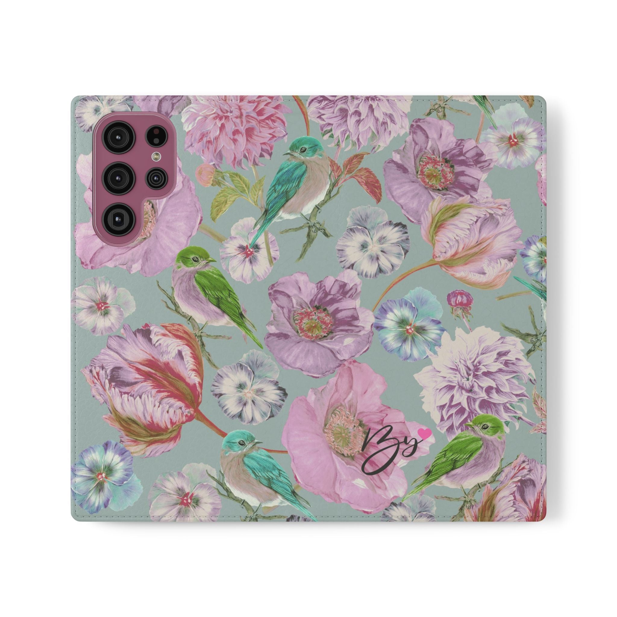 Floral Bird Flip Phone Case — Pastel Garden Wallet Cover with Card Slots