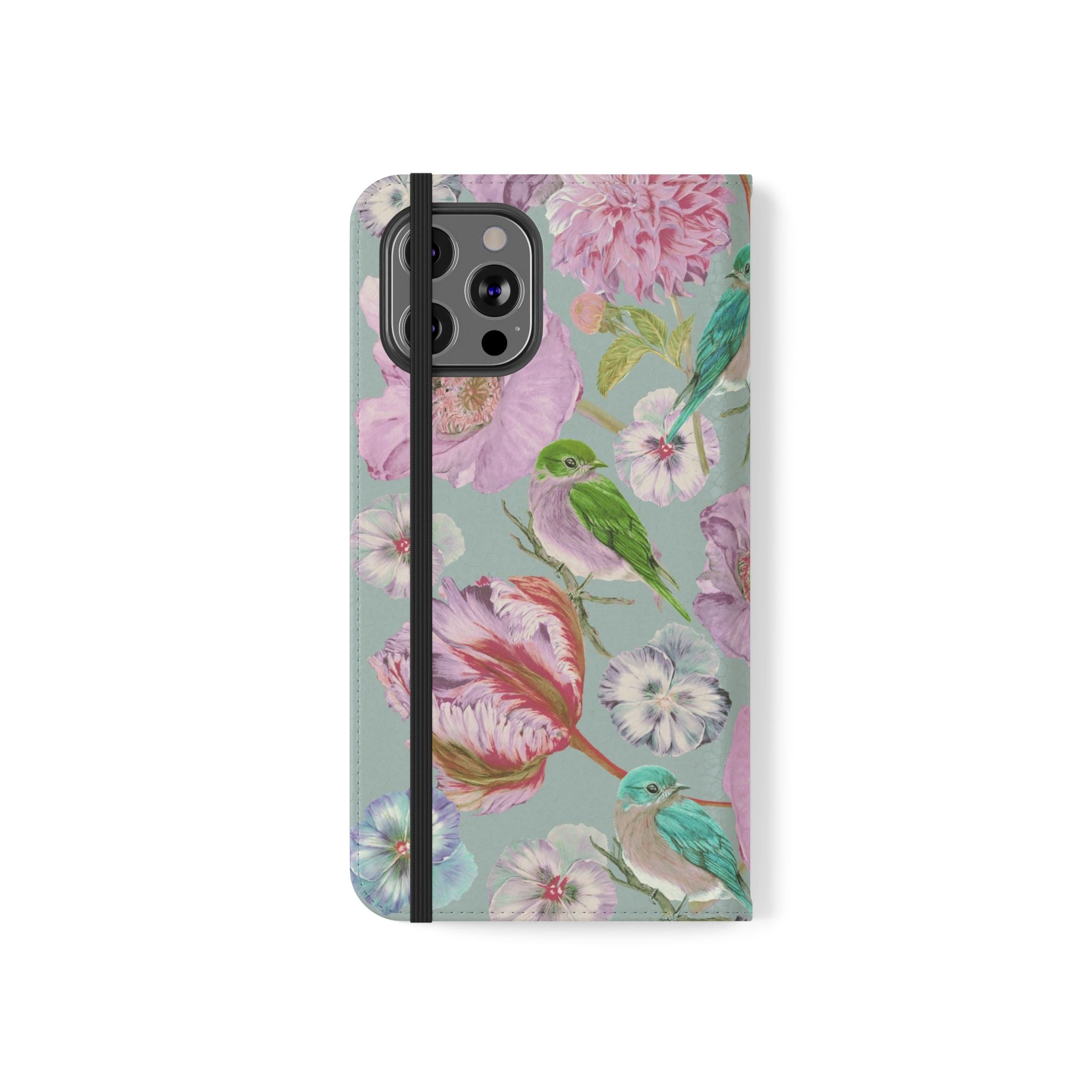 Floral Bird Flip Phone Case — Pastel Garden Wallet Cover with Card Slots