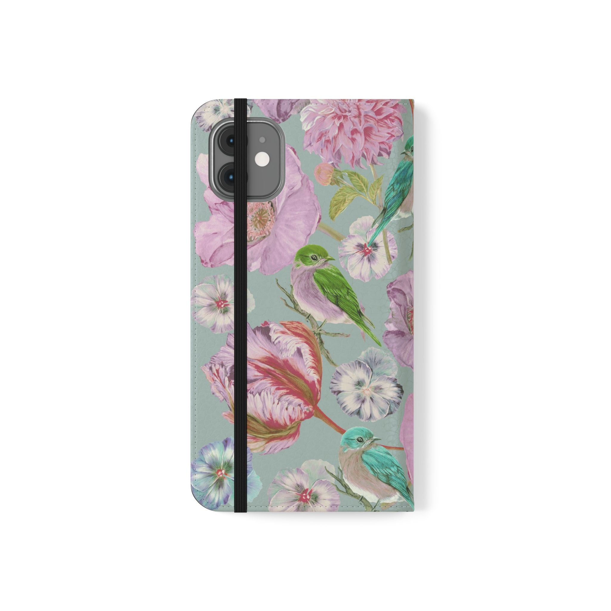 Floral Bird Flip Phone Case — Pastel Garden Wallet Cover with Card Slots