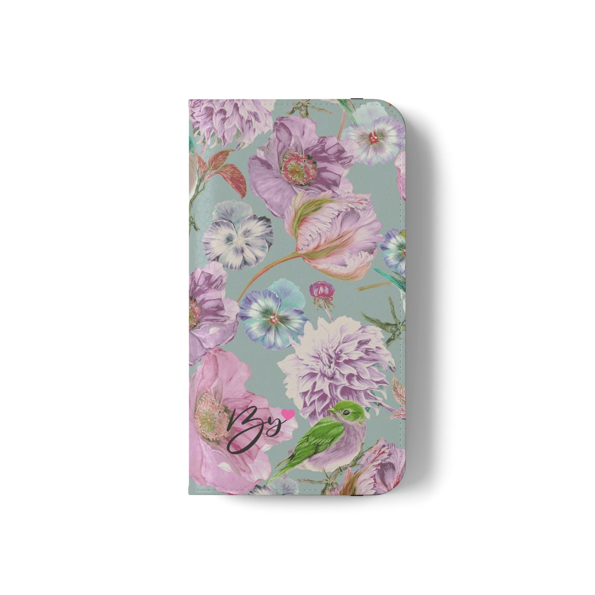 Floral Bird Flip Phone Case — Pastel Garden Wallet Cover with Card Slots