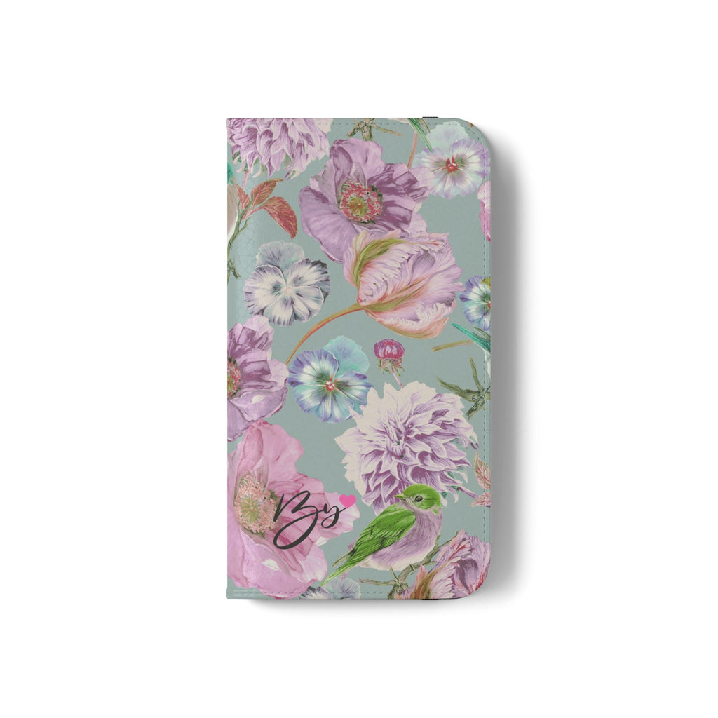 Floral Bird Flip Phone Case — Pastel Garden Wallet Cover with Card Slots