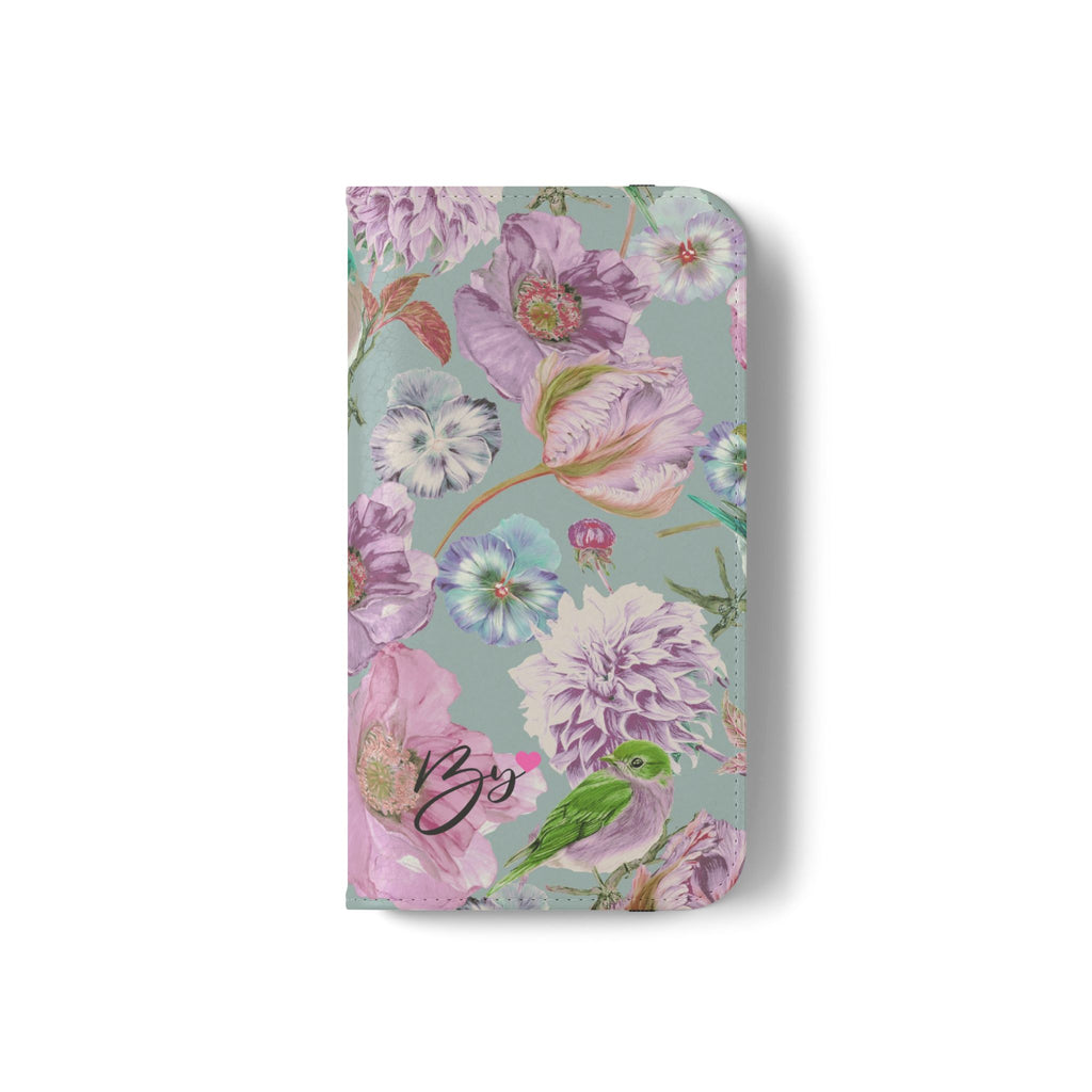 Floral Bird Flip Phone Case — Pastel Garden Wallet Cover with Card Slots