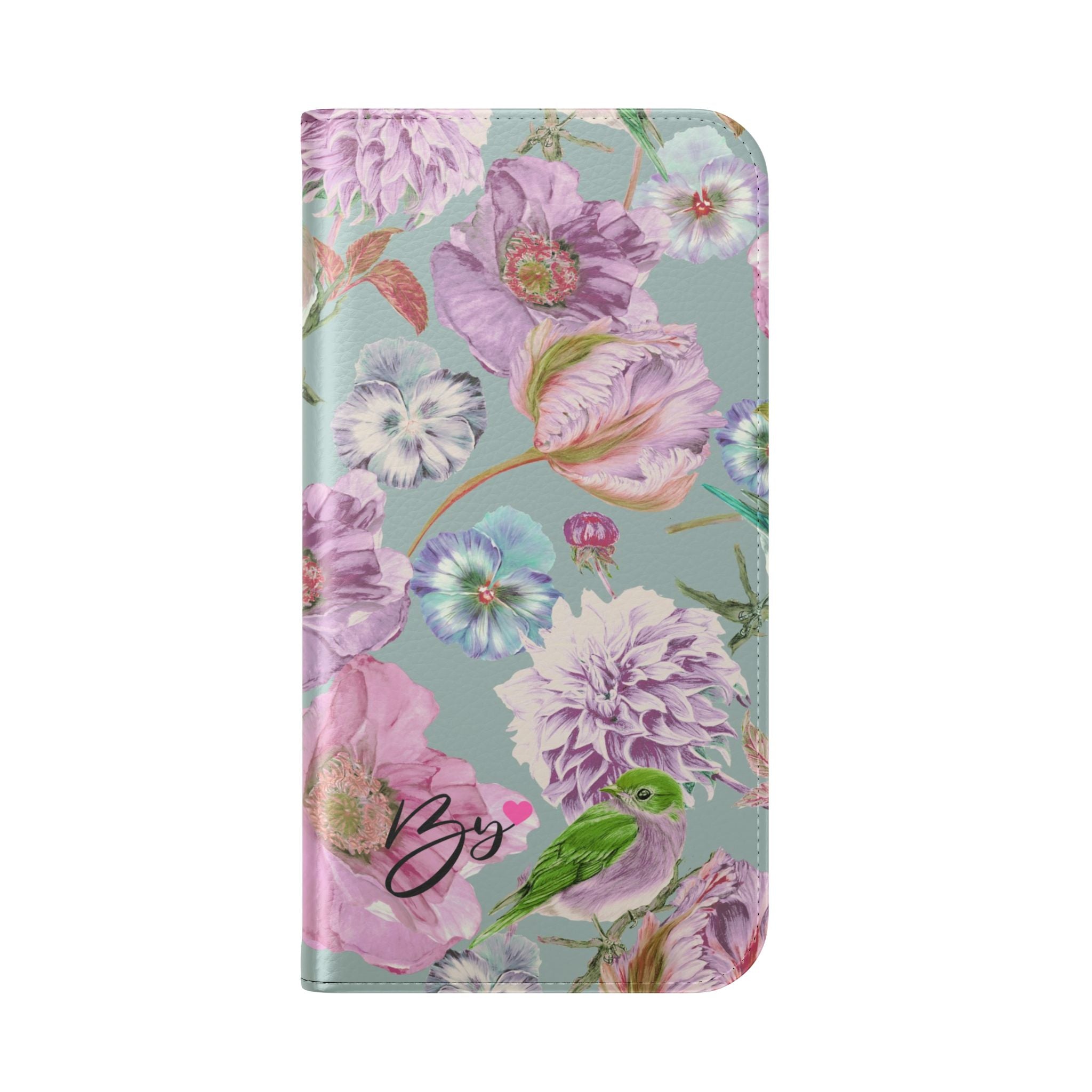 Floral Bird Flip Phone Case — Pastel Garden Wallet Cover with Card Slots