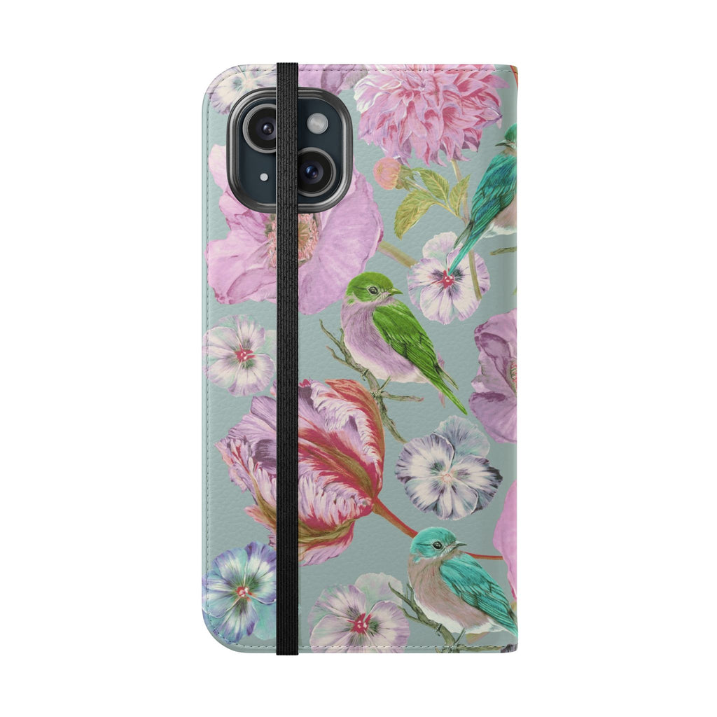 Floral Bird Flip Phone Case — Pastel Garden Wallet Cover with Card Slots