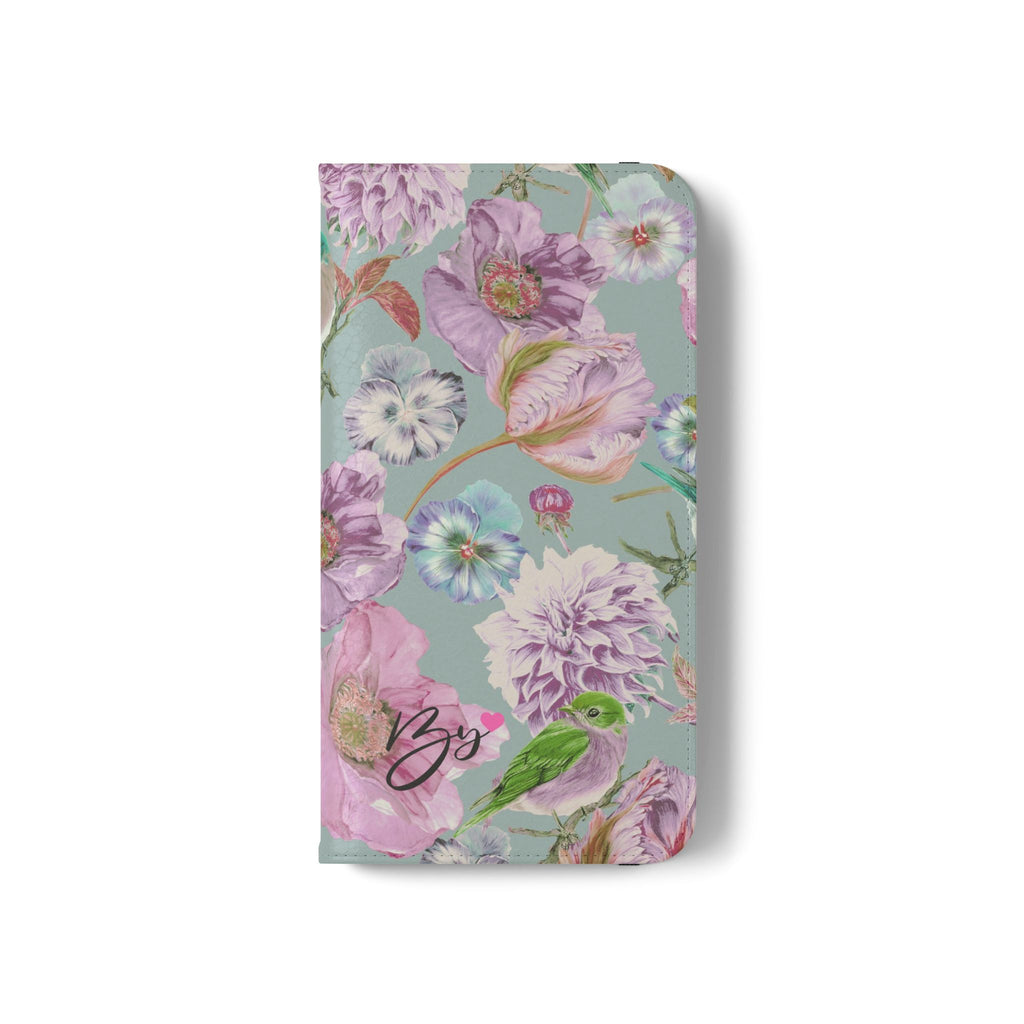 Floral Bird Flip Phone Case — Pastel Garden Wallet Cover with Card Slots