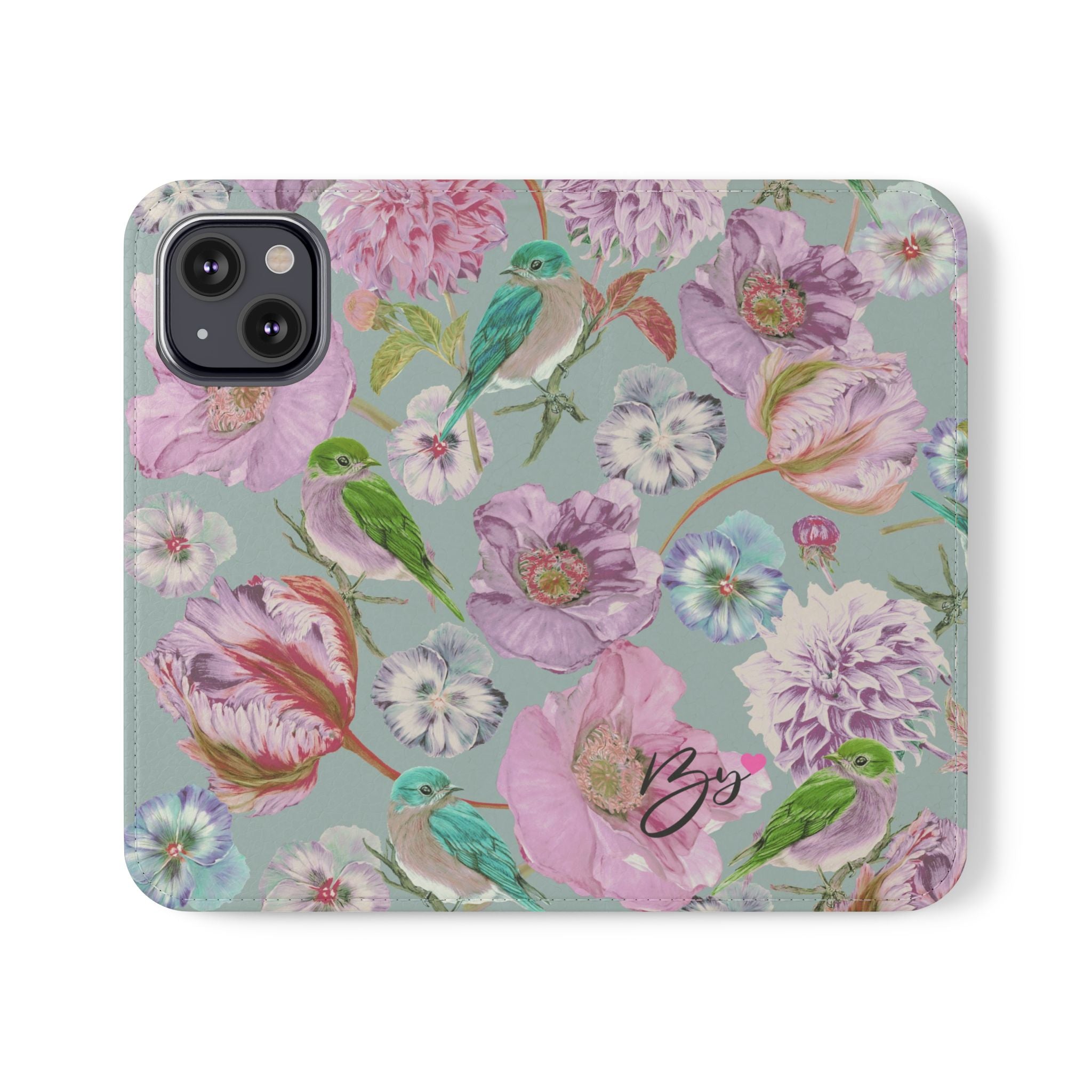 Floral Bird Flip Phone Case — Pastel Garden Wallet Cover with Card Slots