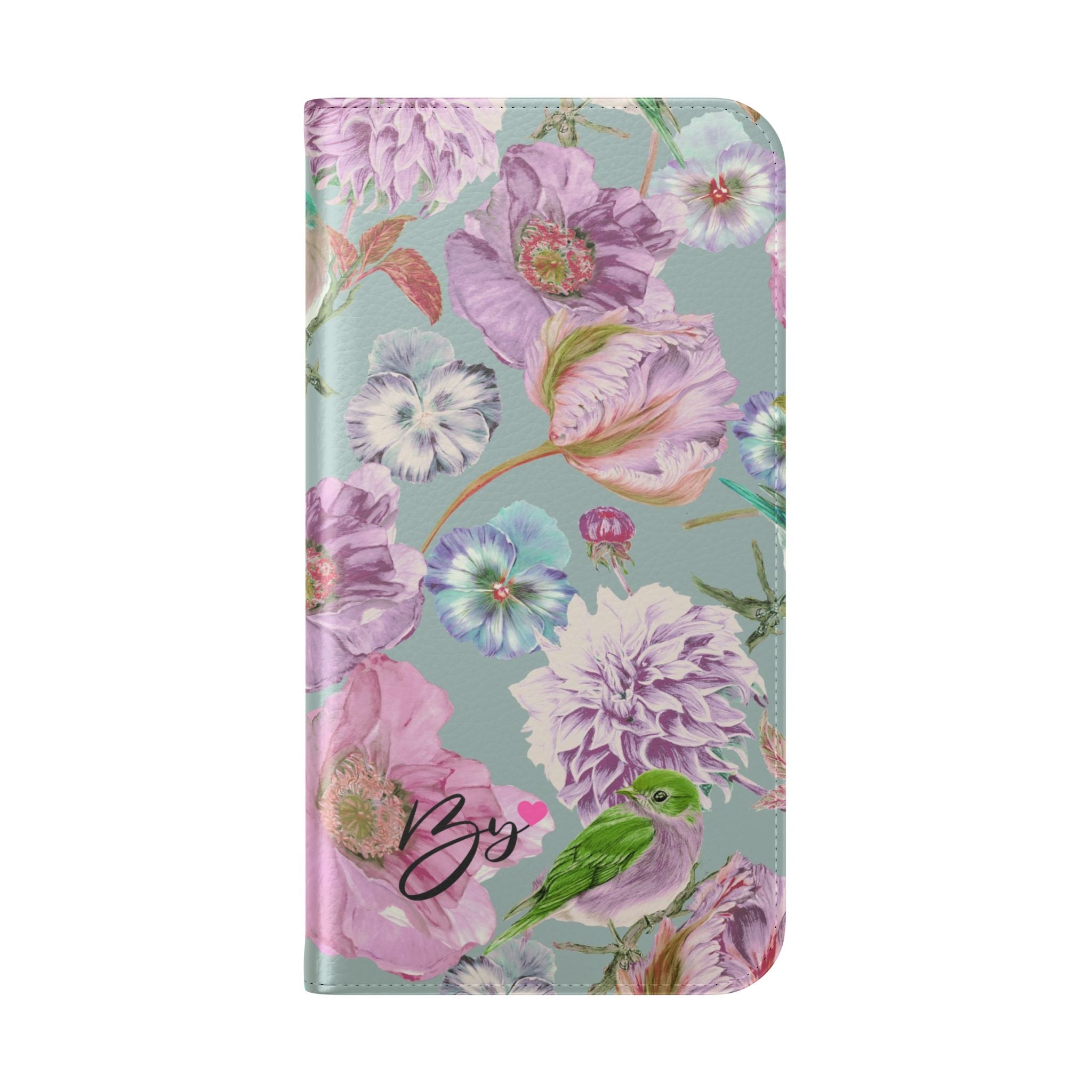 Floral Bird Flip Phone Case — Pastel Garden Wallet Cover with Card Slots