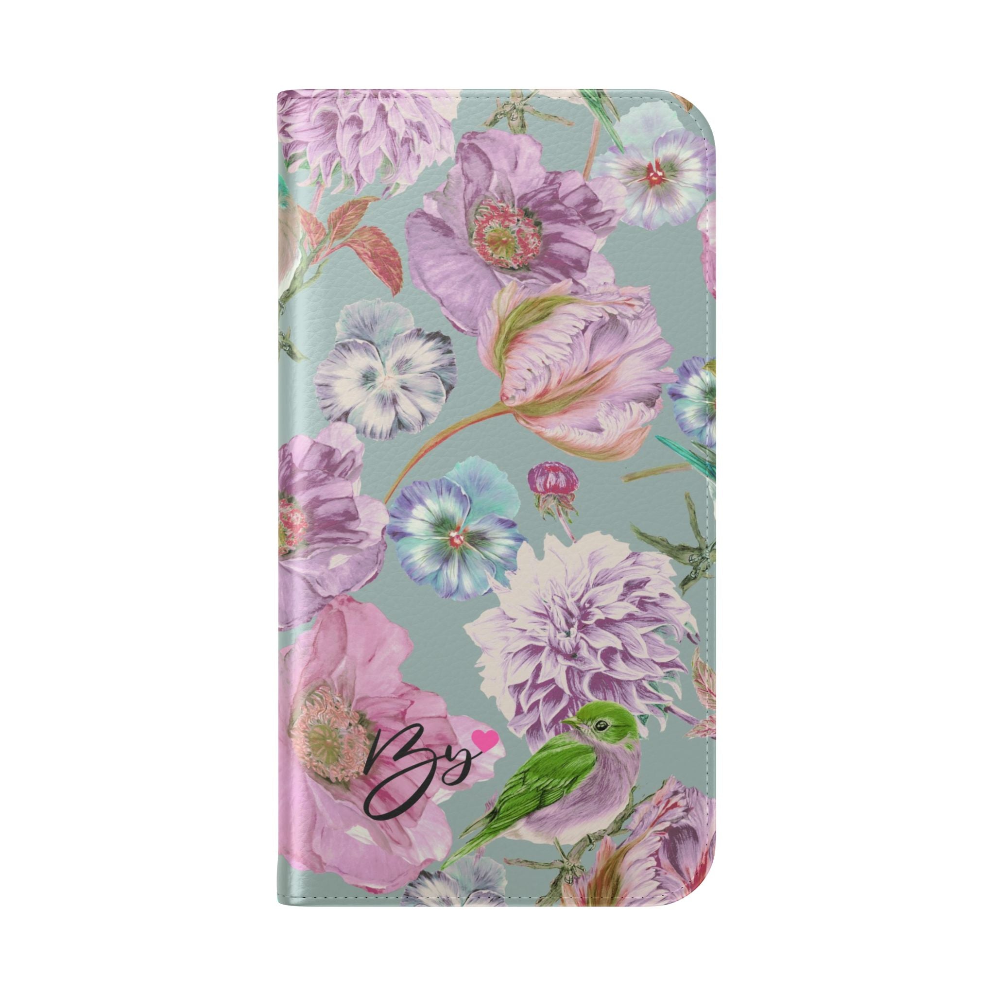 Floral Bird Flip Phone Case — Pastel Garden Wallet Cover with Card Slots