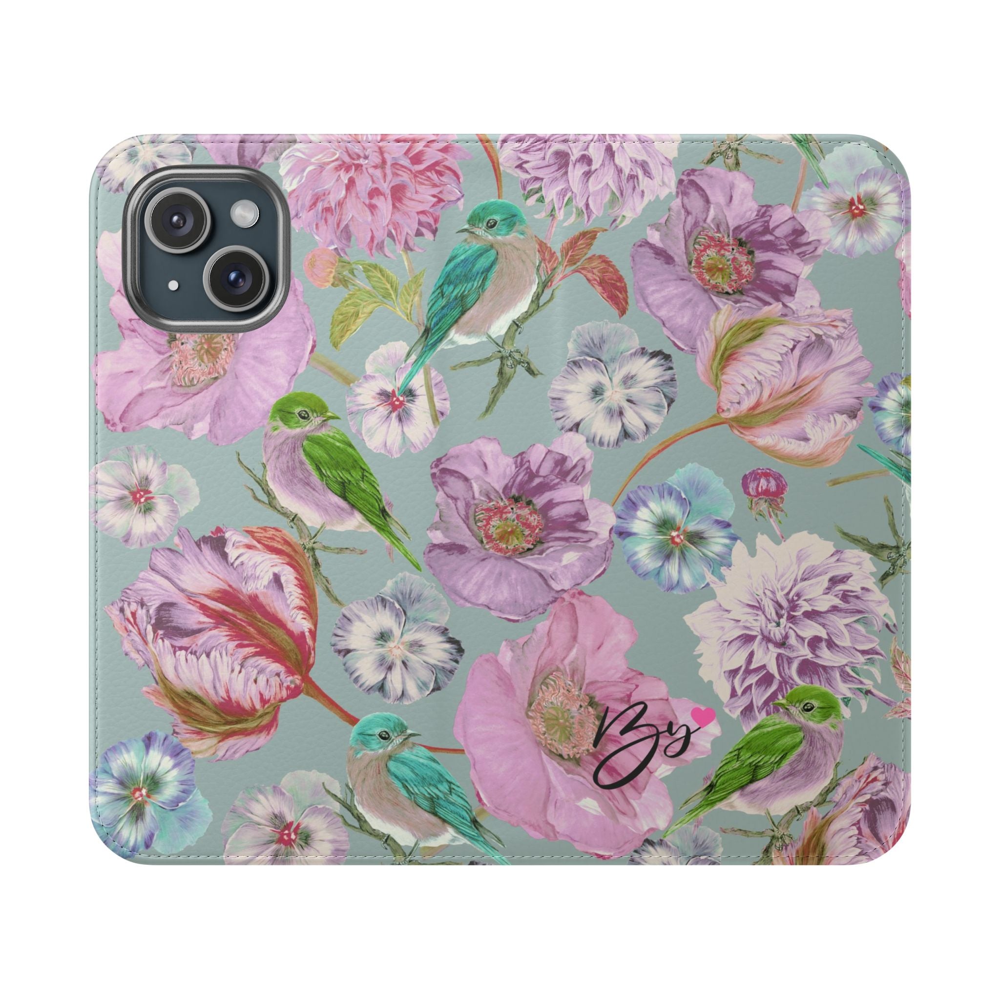 Floral Bird Flip Phone Case — Pastel Garden Wallet Cover with Card Slots