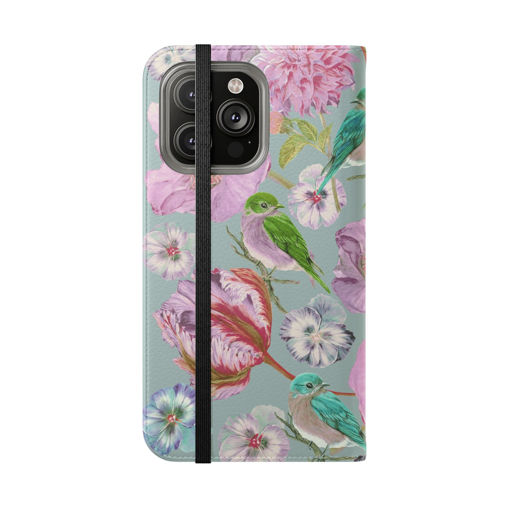 Floral Bird Flip Phone Case — Pastel Garden Wallet Cover with Card Slots