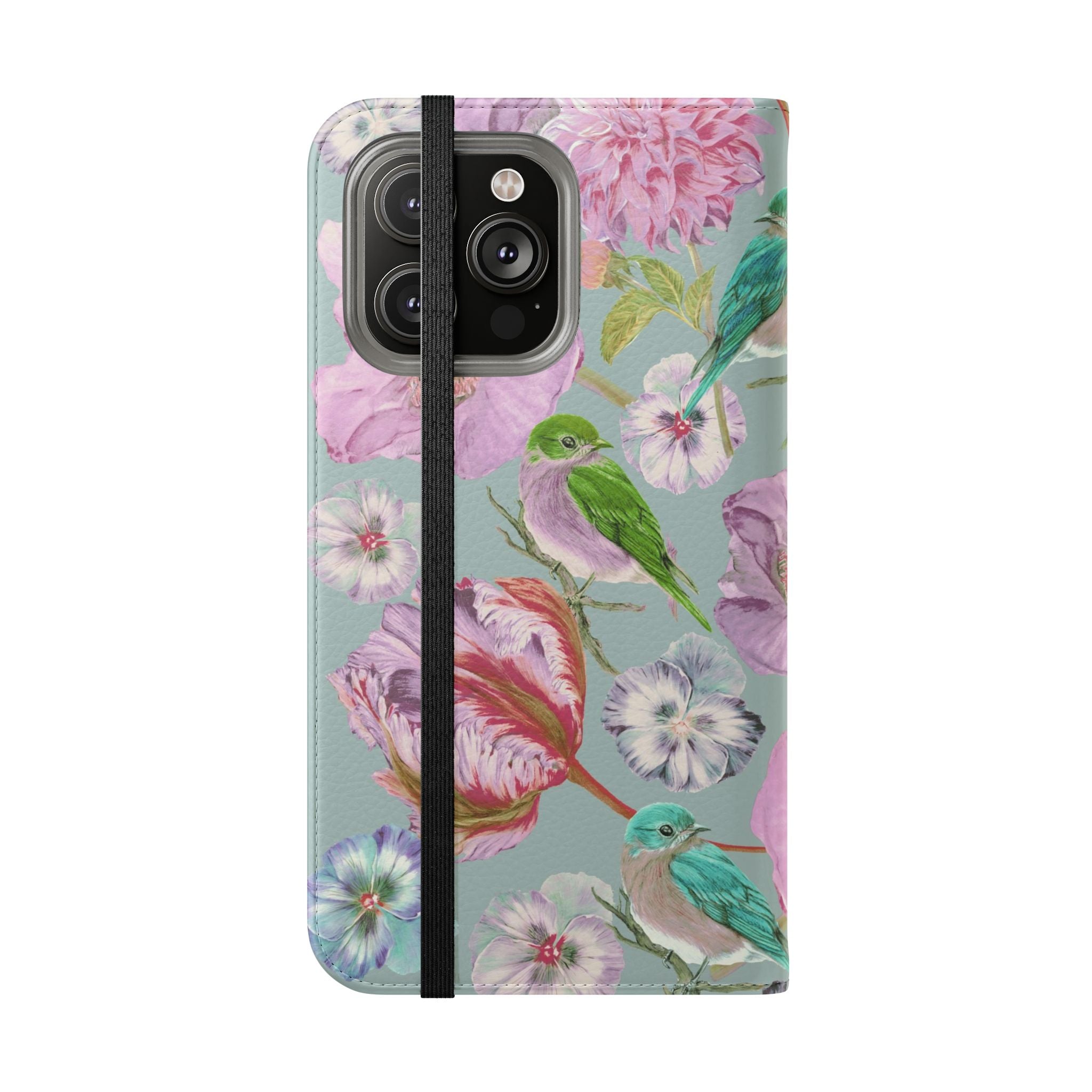 Floral Bird Flip Phone Case — Pastel Garden Wallet Cover with Card Slots