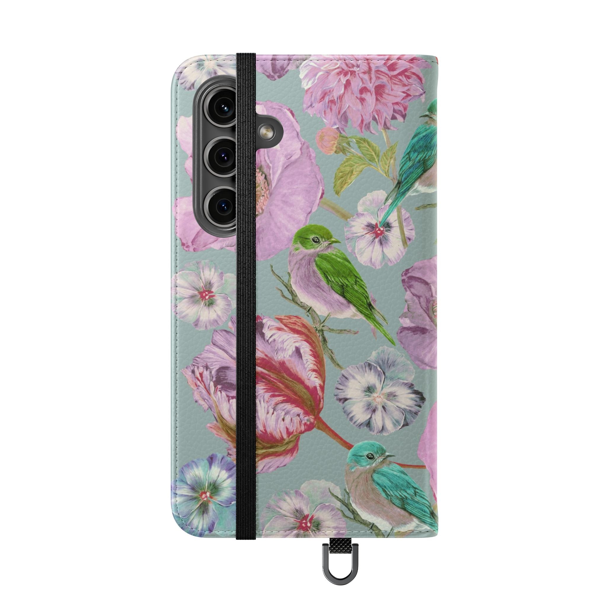 Floral Bird Flip Phone Case — Pastel Garden Wallet Cover with Card Slots
