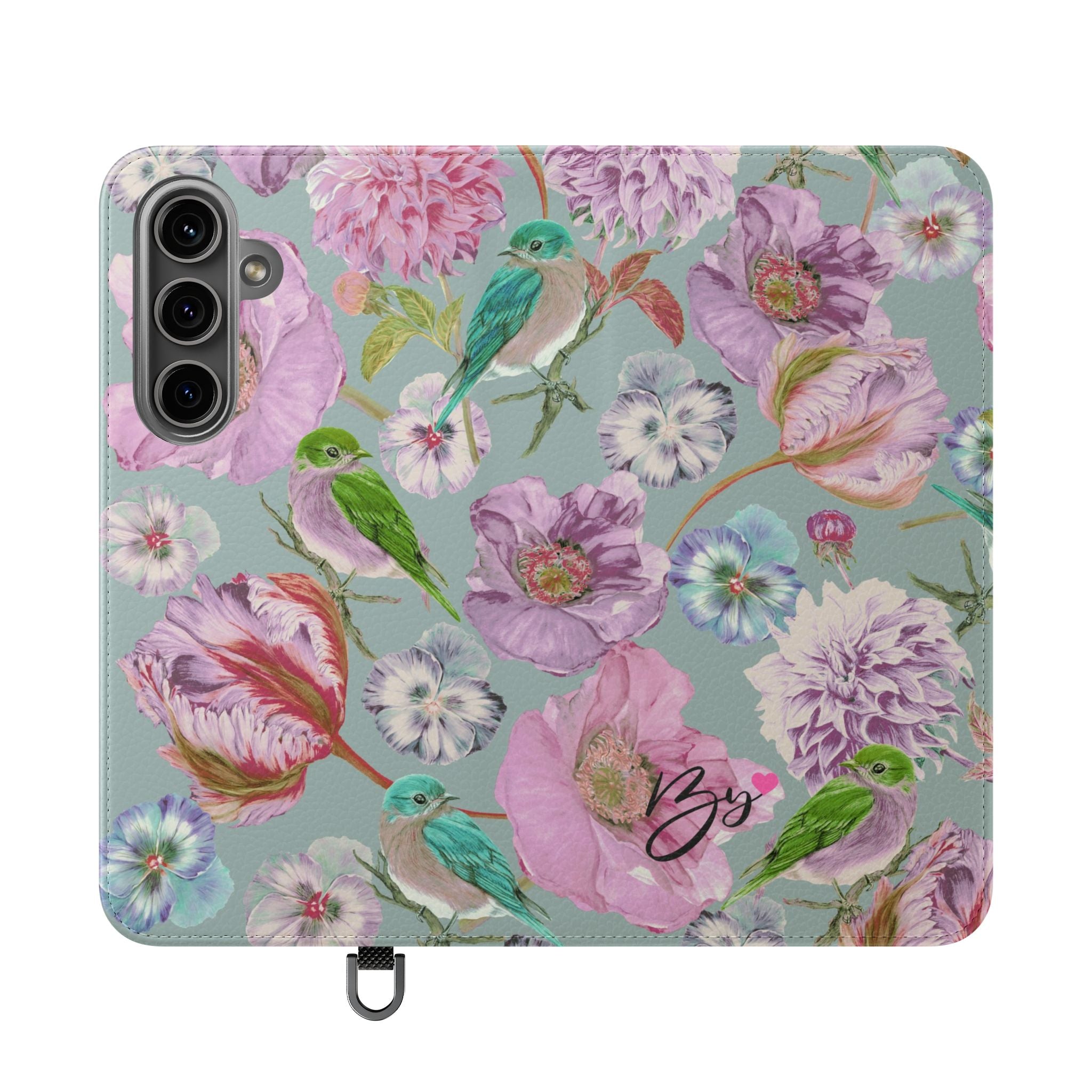 Floral Bird Flip Phone Case — Pastel Garden Wallet Cover with Card Slots
