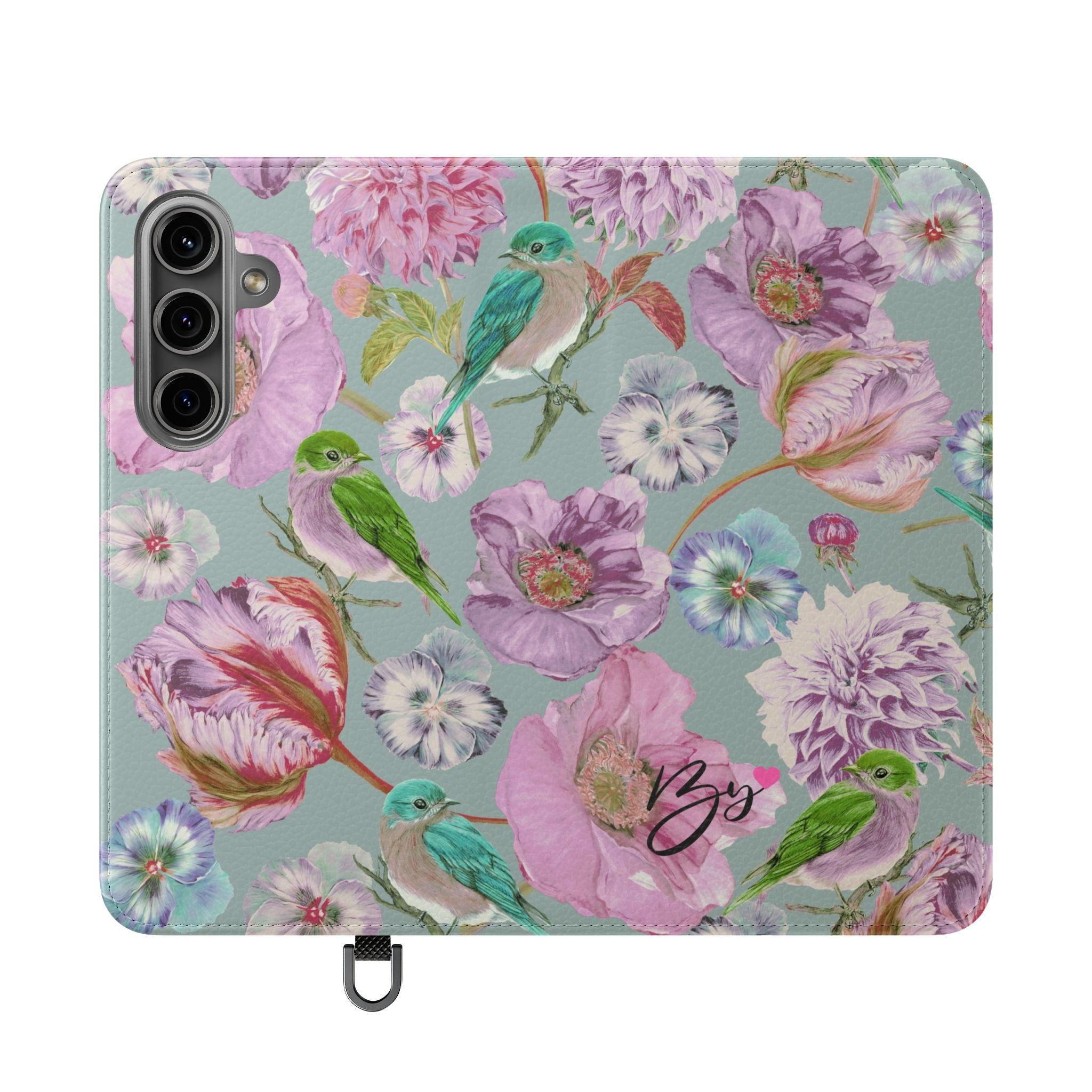 Floral Bird Flip Phone Case — Pastel Garden Wallet Cover with Card Slots