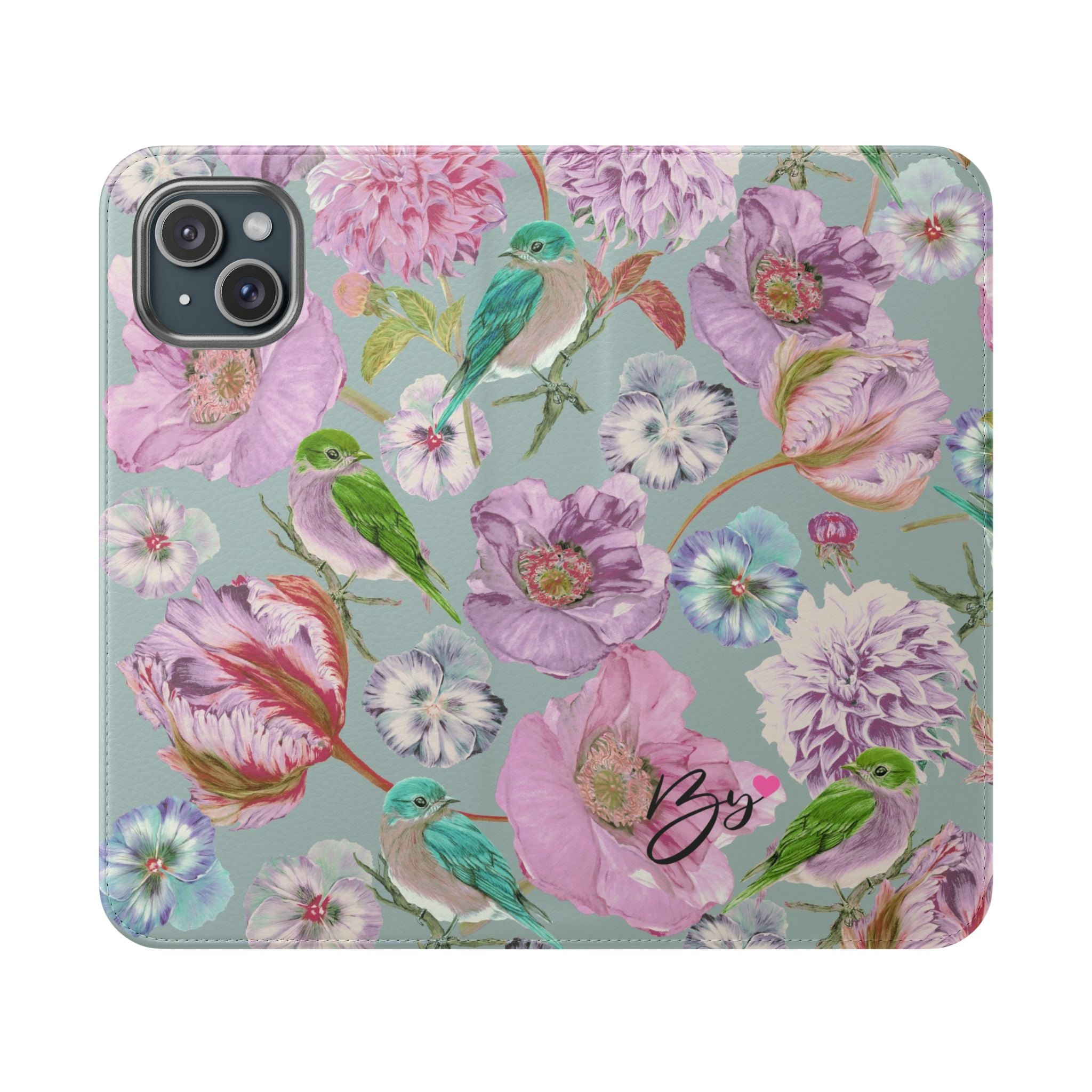 Floral Bird Flip Phone Case — Pastel Garden Wallet Cover with Card Slots