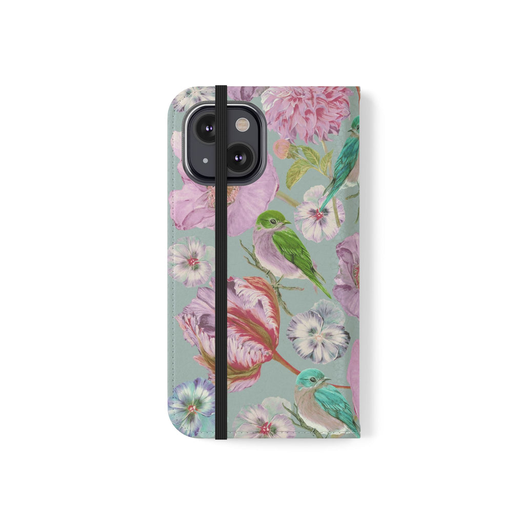 Floral Bird Flip Phone Case — Pastel Garden Wallet Cover with Card Slots
