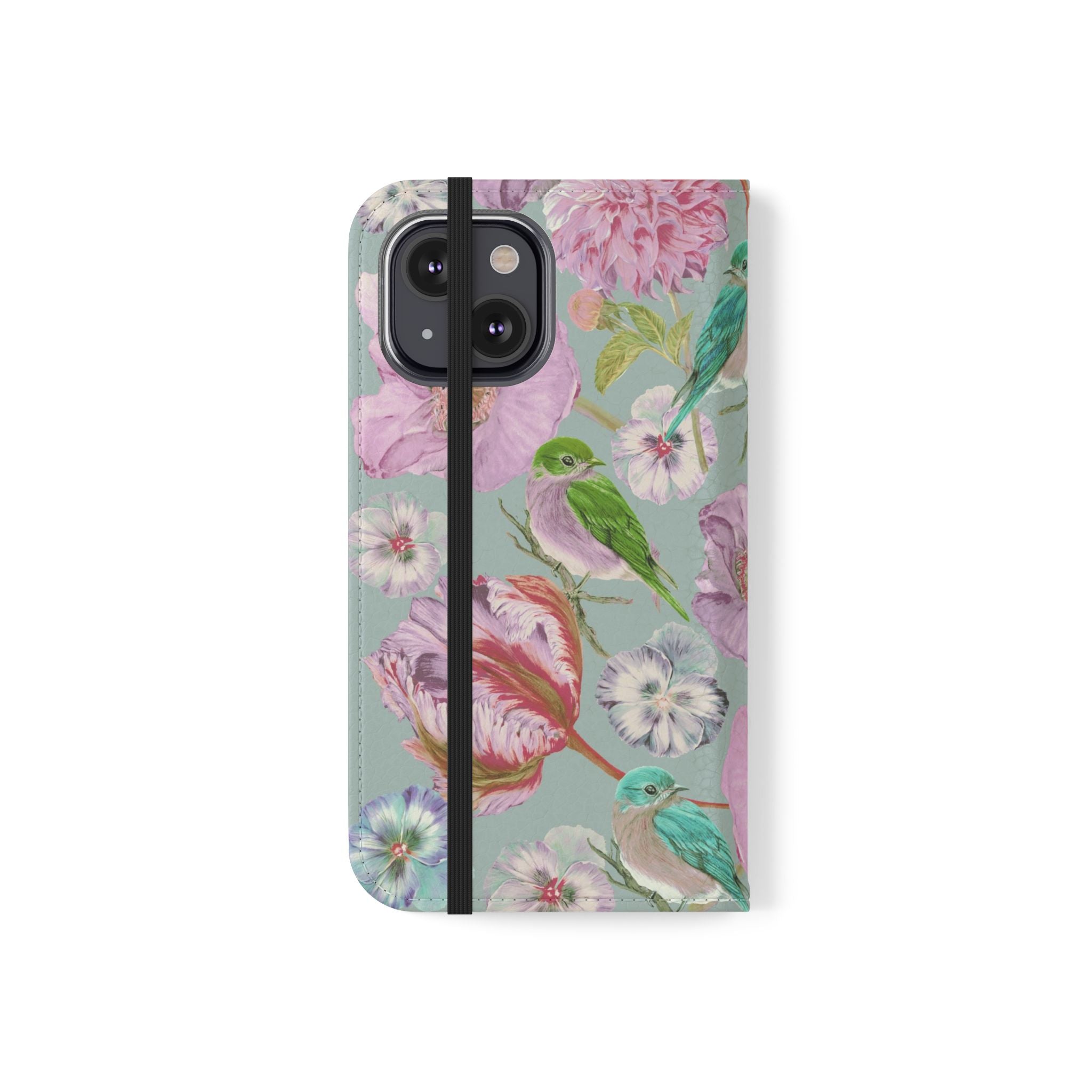 Floral Bird Flip Phone Case — Pastel Garden Wallet Cover with Card Slots