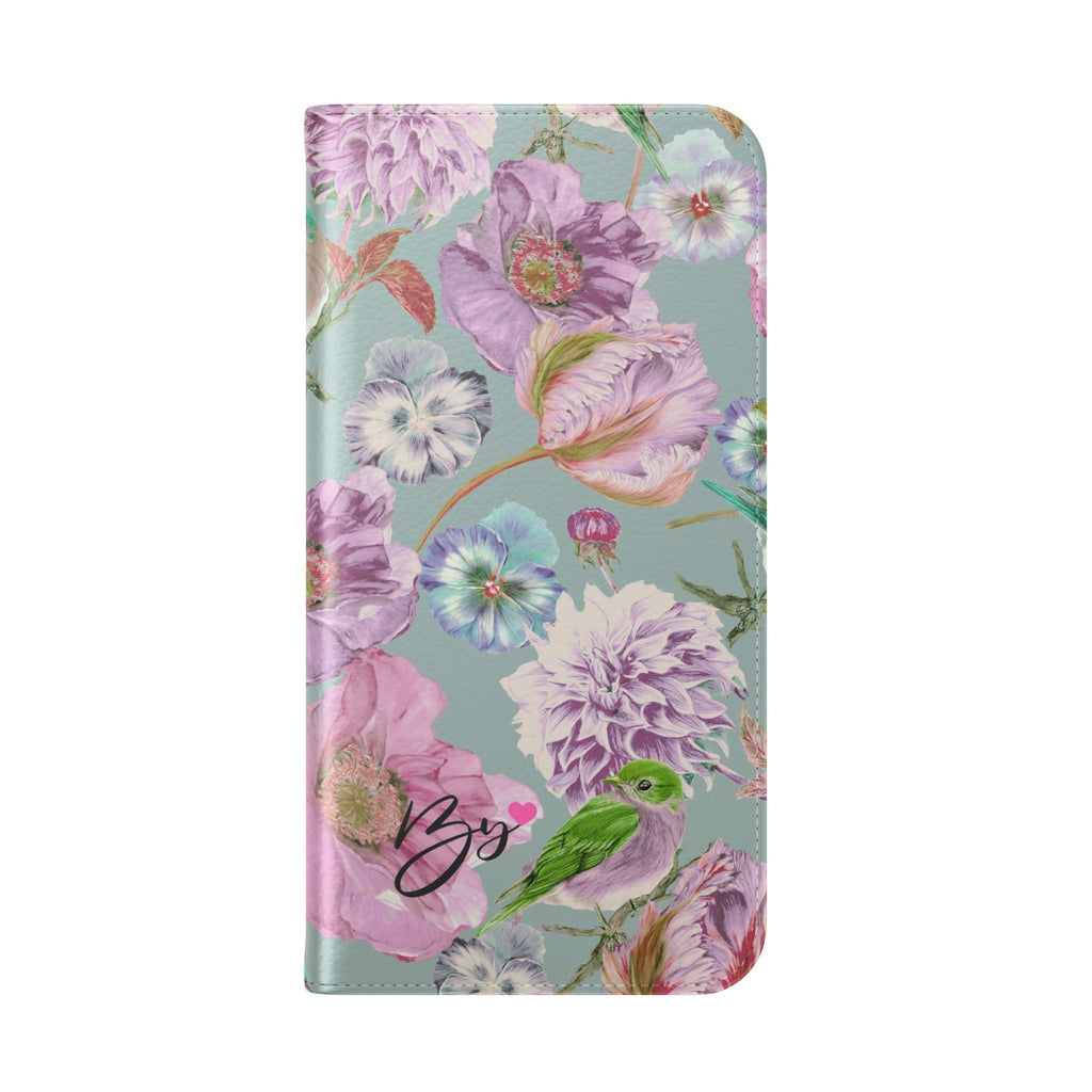 Floral Bird Flip Phone Case — Pastel Garden Wallet Cover with Card Slots