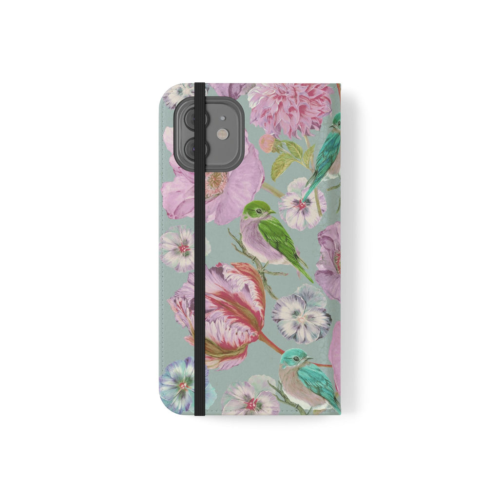 Floral Bird Flip Phone Case — Pastel Garden Wallet Cover with Card Slots